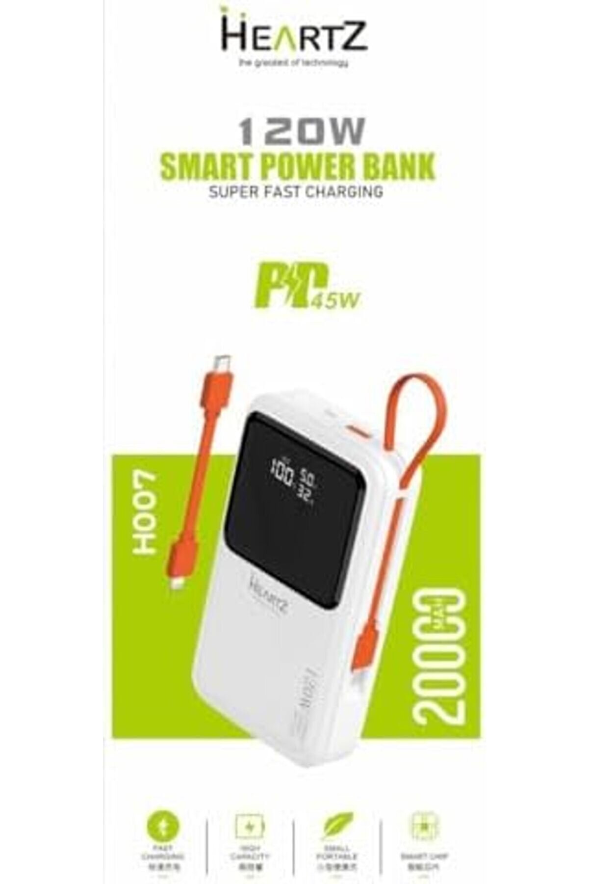 Lvnshop H007 20000 Mh Pd 45W Ve Usb 120W Hızlı Şarj Dahi̇li̇ Type C Ve Li̇ghtni̇ng Kablolu Dünya Standar