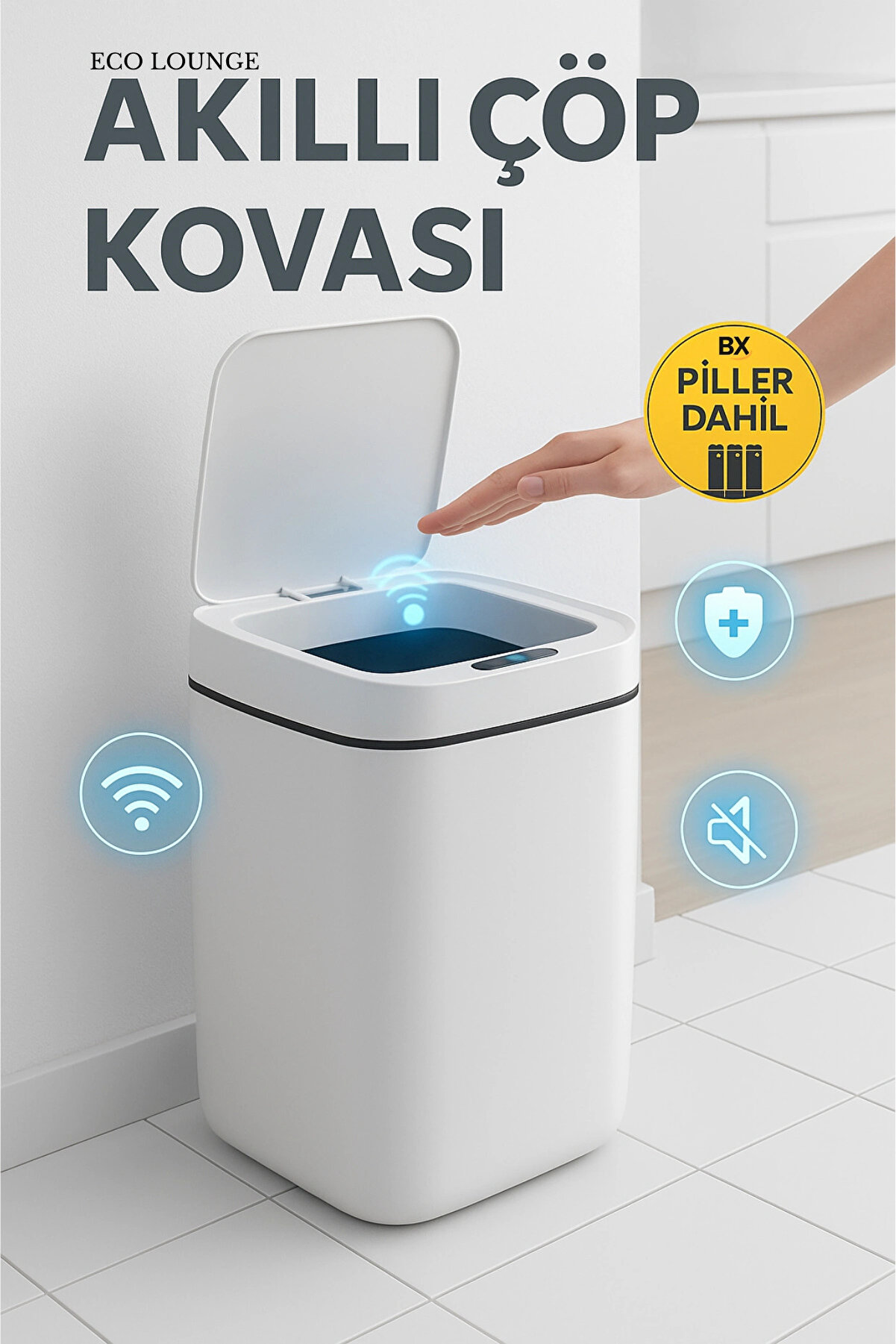 Eco Lounge Akıllı Çöp Kovası, Büyük Boy 20 Litre, UV Işık ve Sensörlü, Haraket Algılayan, Sessiz Kapak