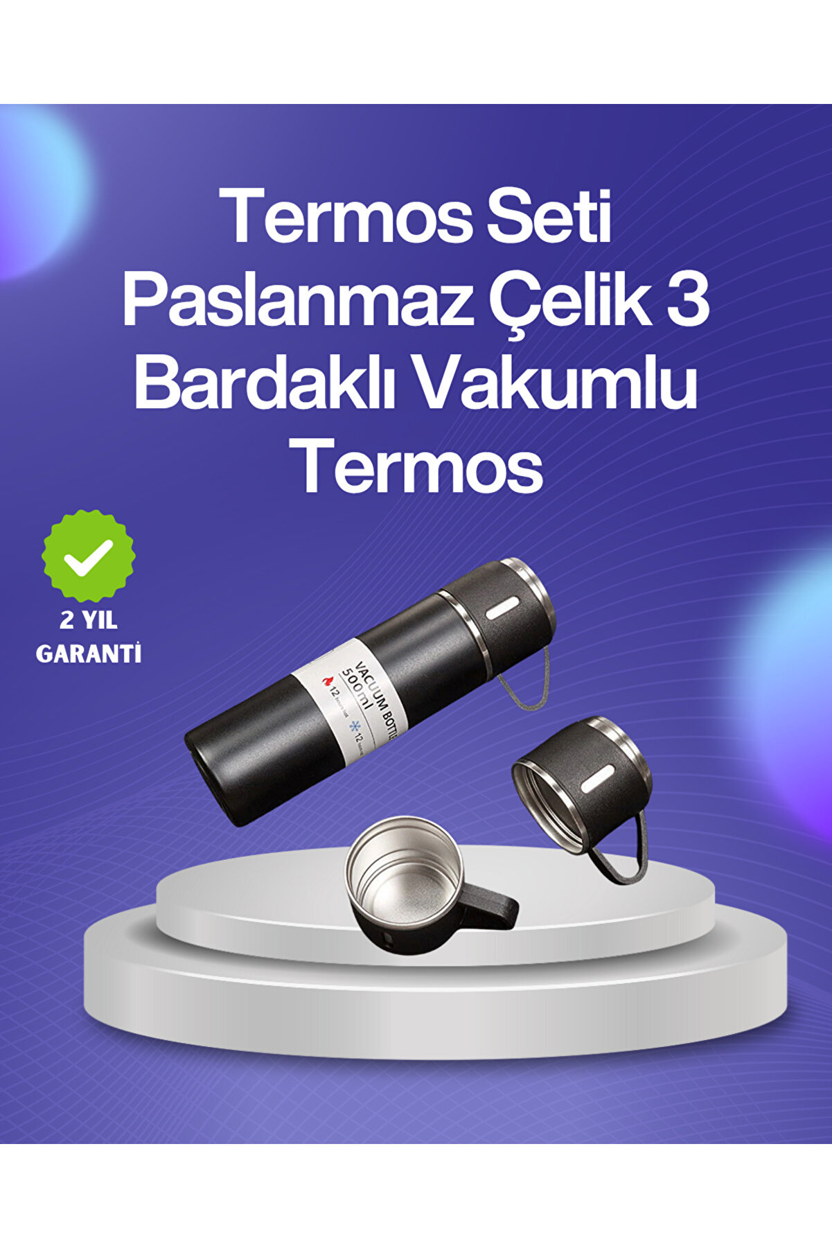 LaraThec Isıyı Uzun Süre Koruyan 500 ml Termos Seti | Çelik Gövde, 2 Bardaklı, Hediye Kutulu