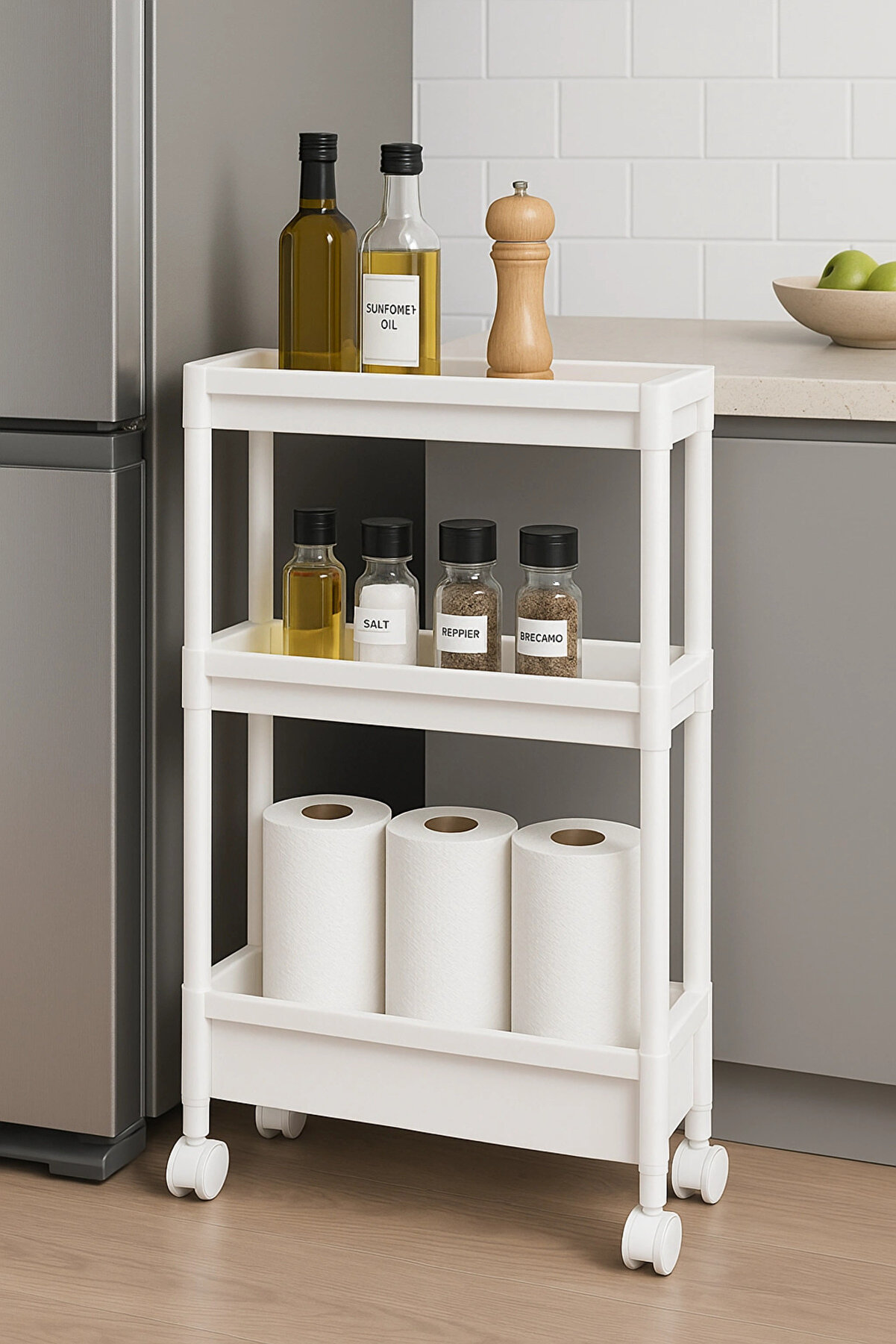 thebestnzm Dar Alan Uyumlu Tekerlekli 3 Katlı Mutfak Rafı – Yağlık, Baharatlık ve Peçetelik Organizer