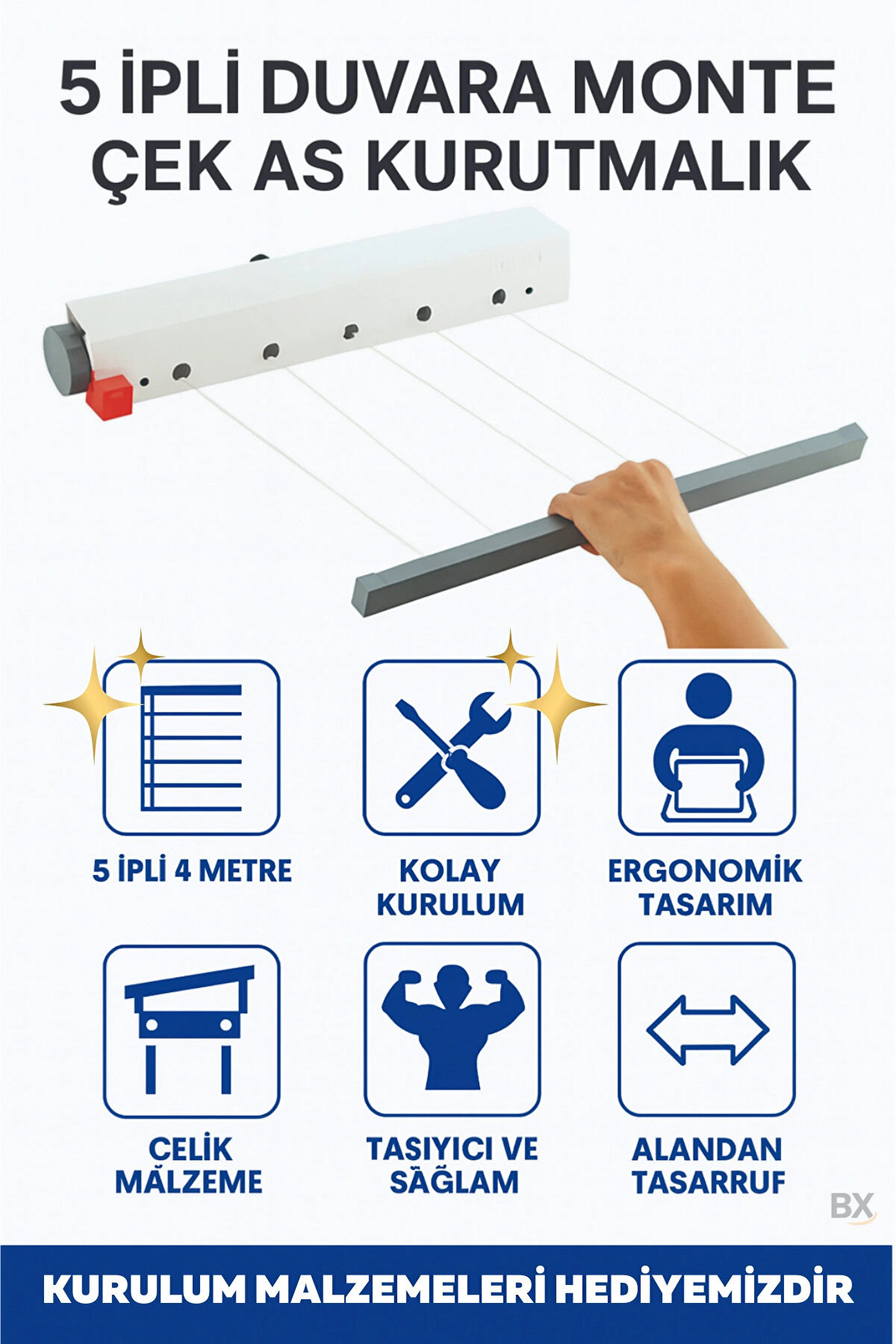 Eco Lounge Ergonomik Çamaşırlık 5 Metre 5 İp, Kaliteli İpler, Önce Çek Sonra Sabitle, Kurulum Dahil