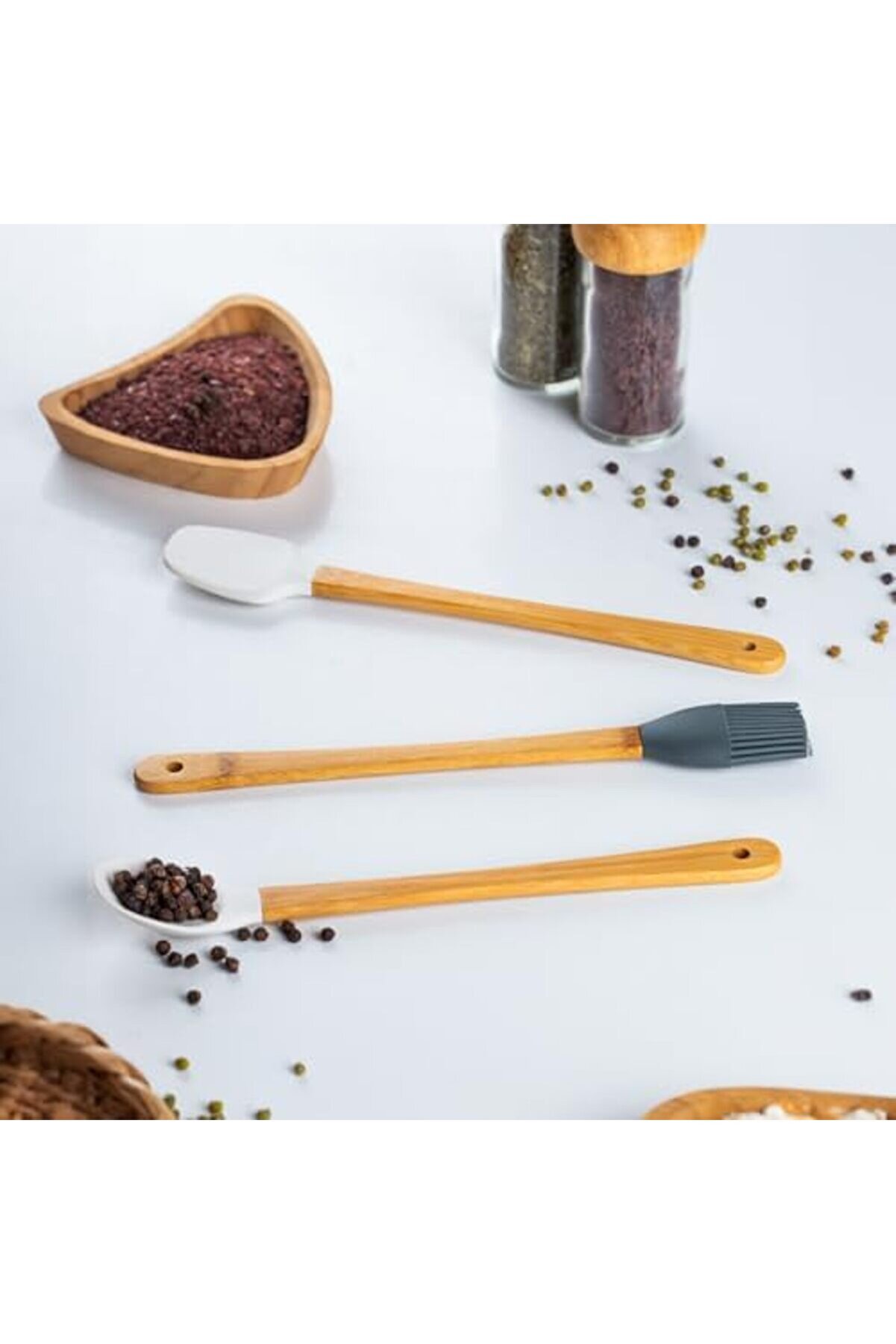 Modashi̇ne Mıen 3 Parça Mi̇ni̇ Si̇li̇kon Kaşık Spatula Fırça - Yanmaz Yapışmaz Hazırlık Seti̇ - 23 Cm Moda