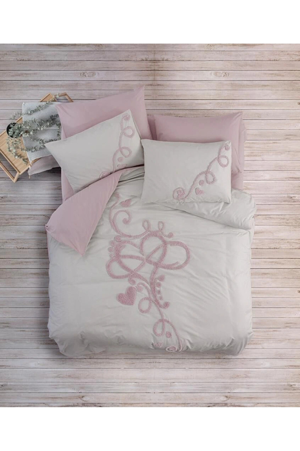 gizmurstore Cotton Box Puff Nakışlı Ranforce Çift Kişilik Anneler Günü Nevresim Takımı Bellini Pembe