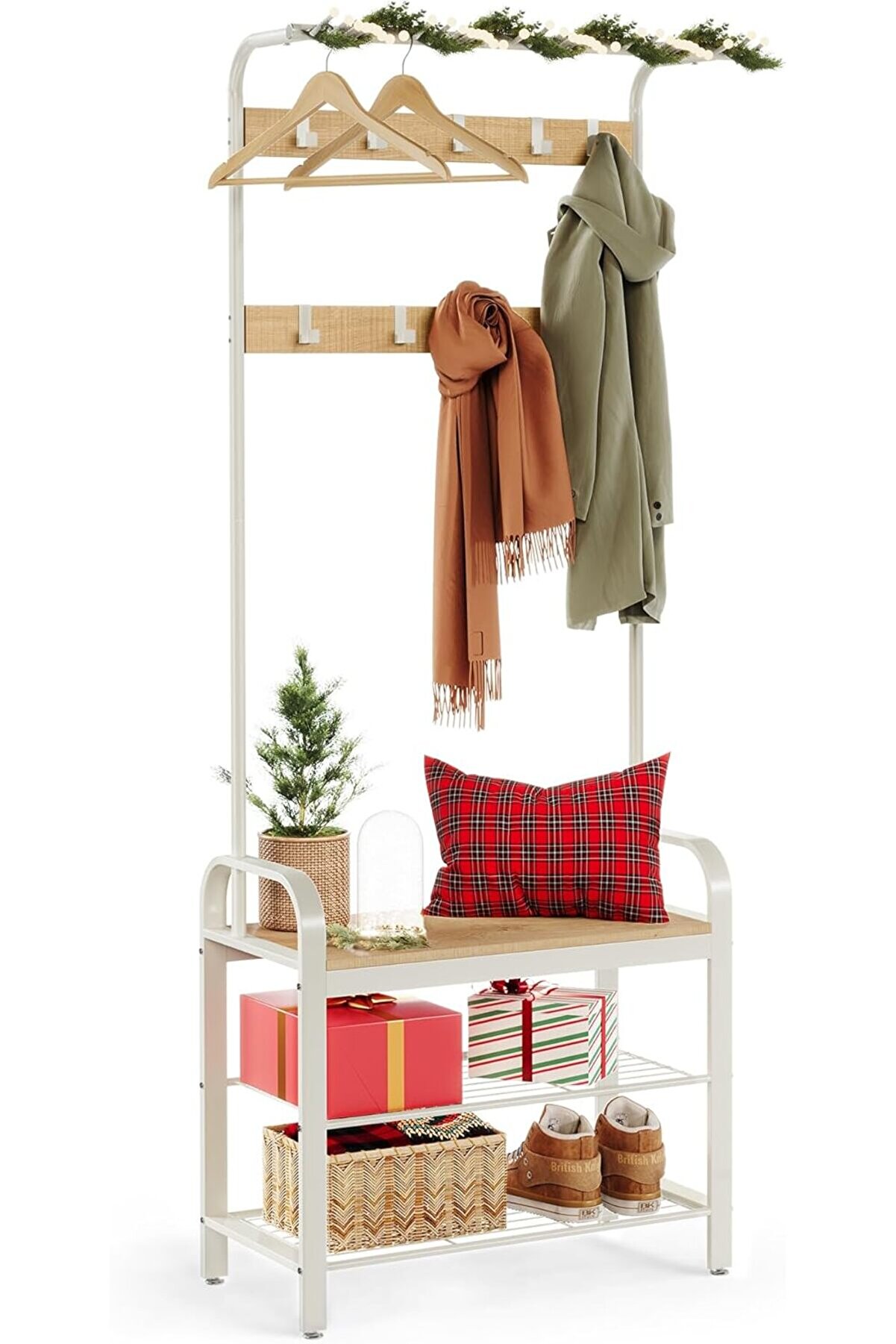 STOREMAX shopverse ,, 9 kancalı askısı, oturaklı ayakkabı askısı, 3 raf, yükseklik 183 cm, metal, krem HSR4