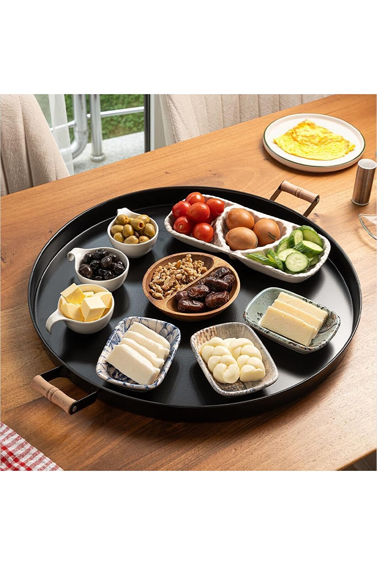 STOREMAX buyflair Metal 51Cm Ahşap Kulplu Siyah Metal Tepsi Yuvarlak &Ccedil;ay Tepsisi Sunum Tepsisi Tahta Kulplu B