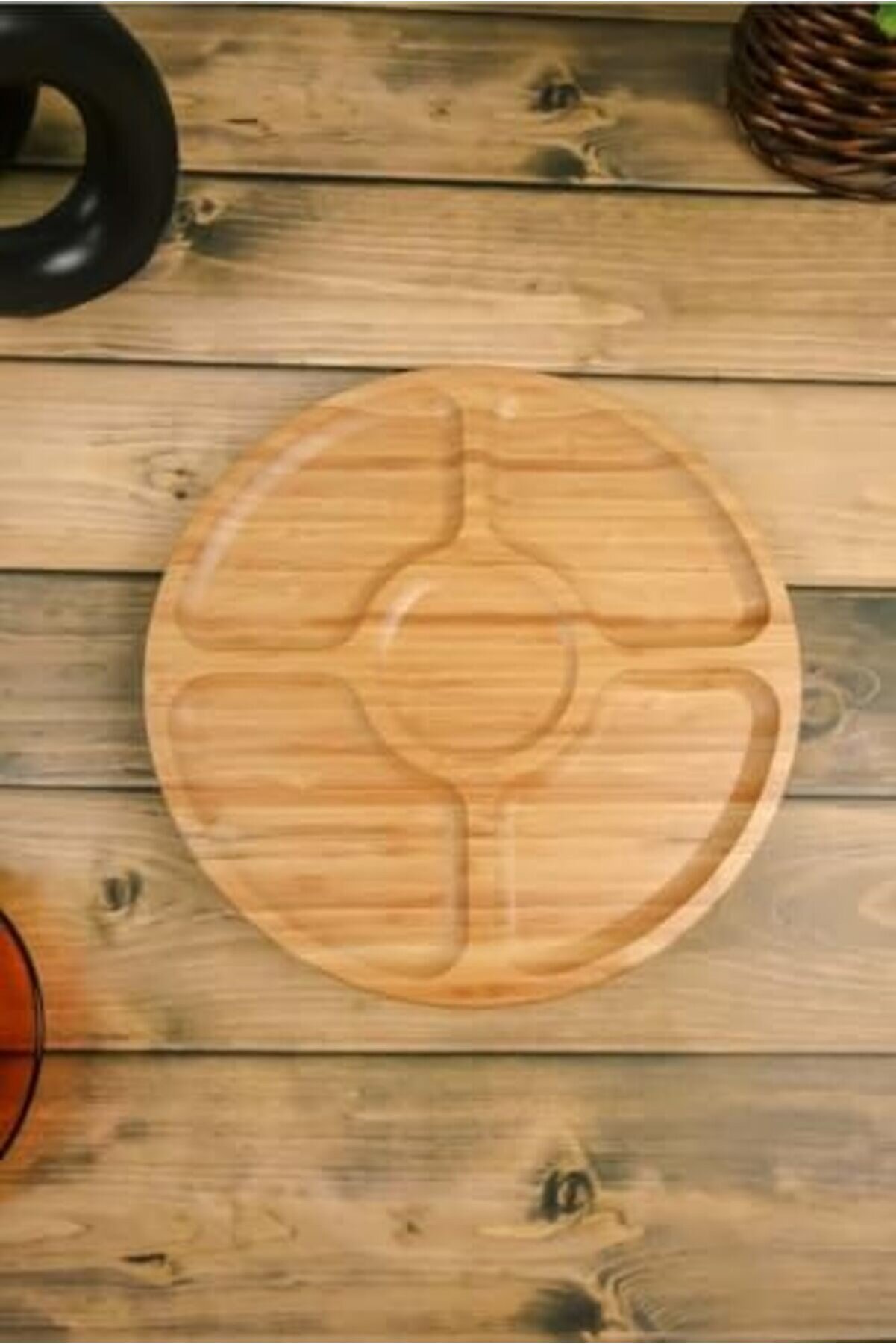 Shopverse 360° Dönebi̇len Bambu Kahvaltı, 30Cm Sunum Ve Çerezli̇k Tabağı 5 Bölmeli̇, Dönerli̇ Bambu Sunu