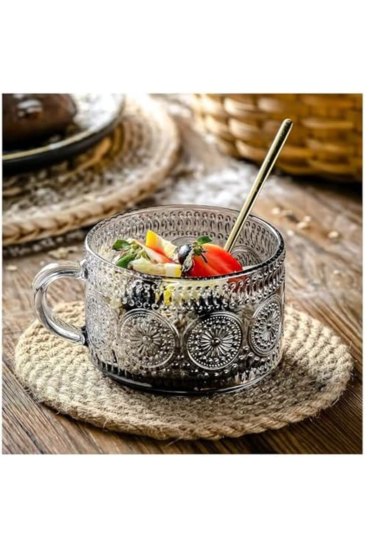 Shopverse Adet Desenli̇ Kulplu Kase - Şeffaf Füme Cam, Ve Soğuk Kullanım İçi̇n Büyük Kase, Meyve, Yoğu
