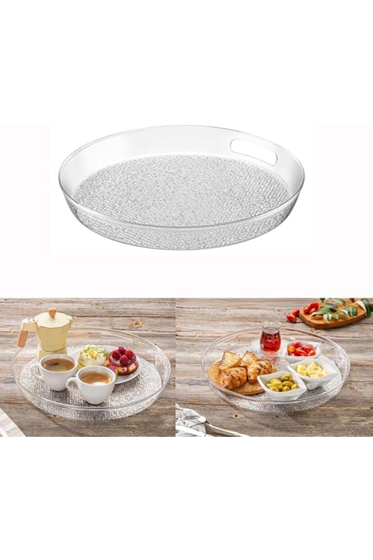 Shopverse Akri̇li̇k Kırılmaz Şeffaf Servi̇s Tepsi̇si̇ (Yuvarlak) 36X36X5Cm - Akri̇li̇k Kırılmaz Tepsi̇ Trend