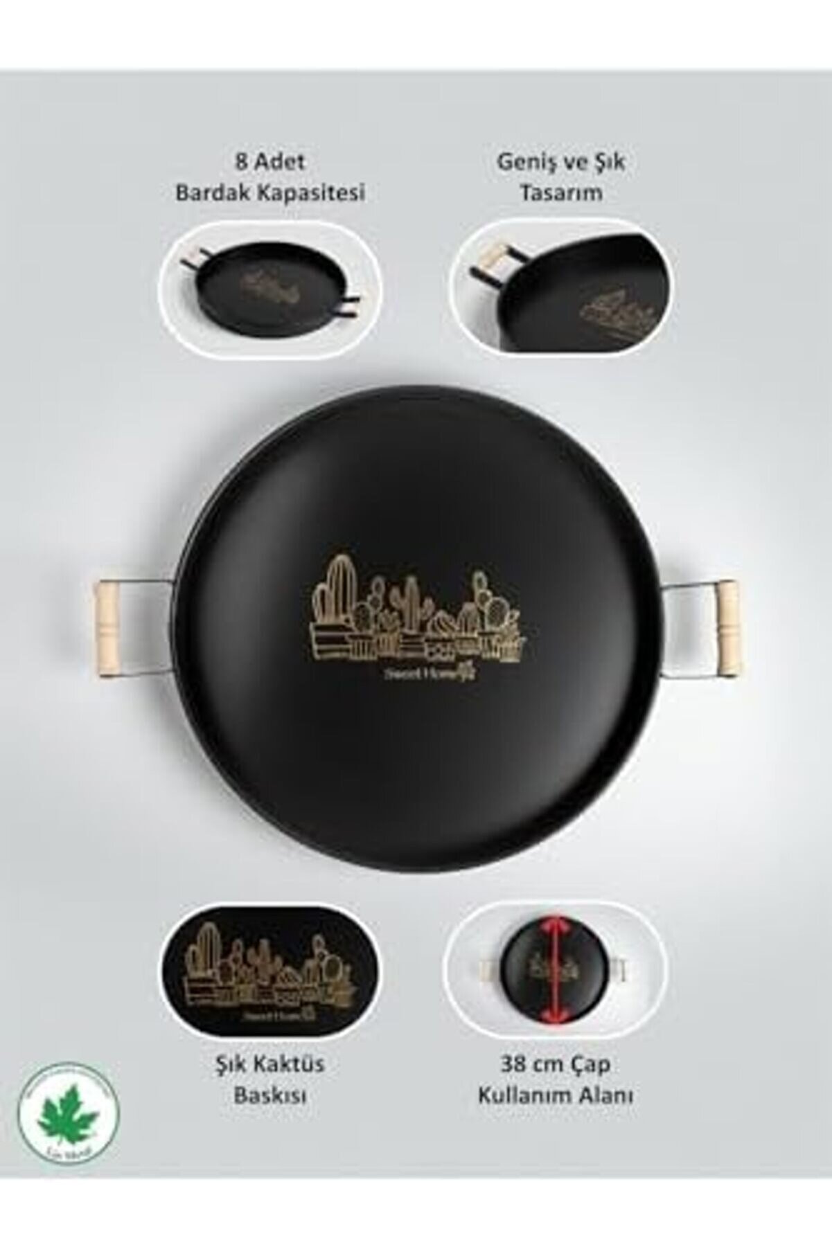 Shopverse Metal 37Cm Ahşap Kulplu Si̇yah Metal Tepsi̇ Yuvarlak &Ccedil;ay Tepsi̇si̇ Sunum Tepsi̇si̇ Tahta Kulplu