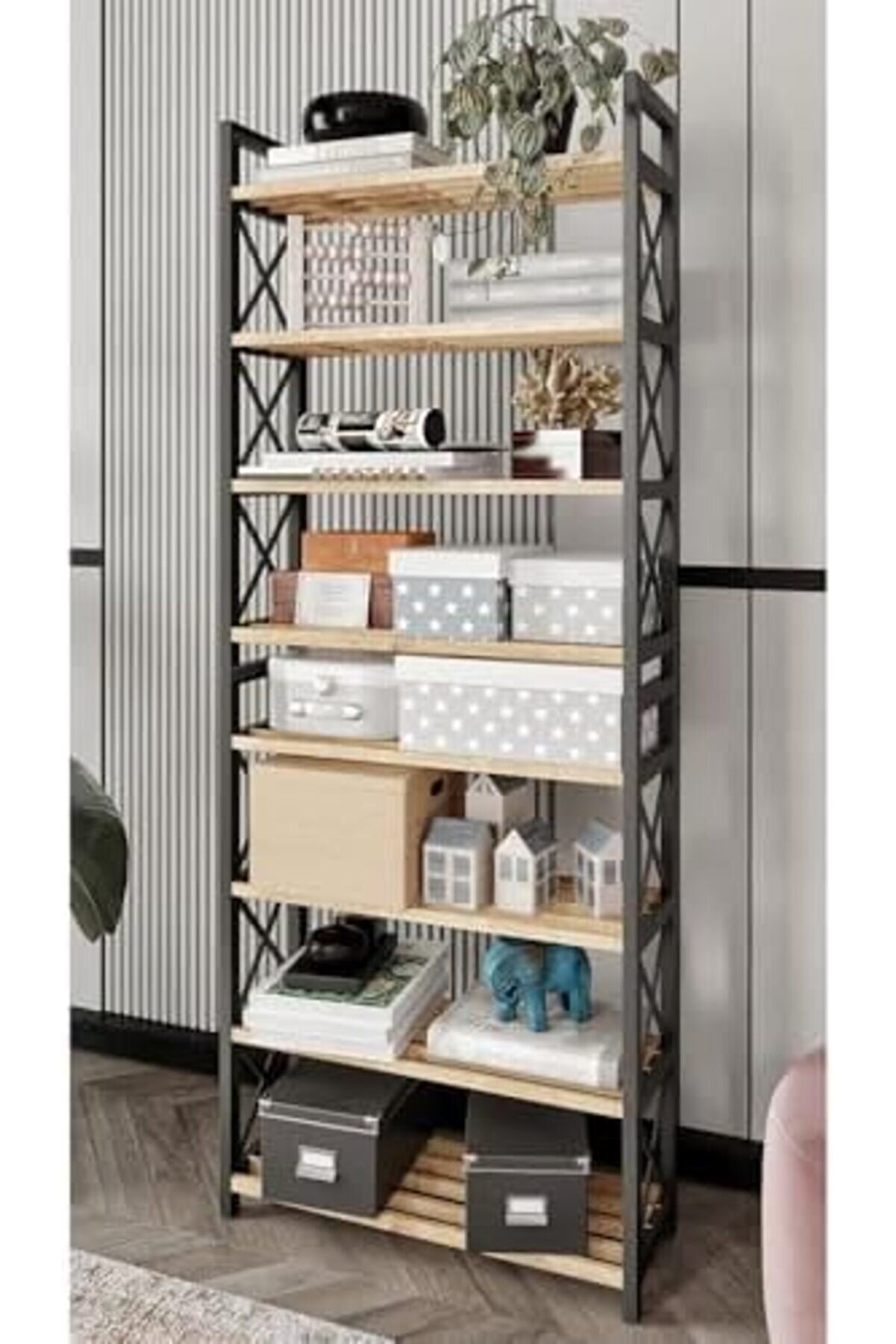8 Katlı Çok Amaçlı Raf – 47X18X127 Cm, Mdf Ve Plasti̇k Malzeme, Kurulum Qr Kodlu, Modern Ve Dekorati̇f