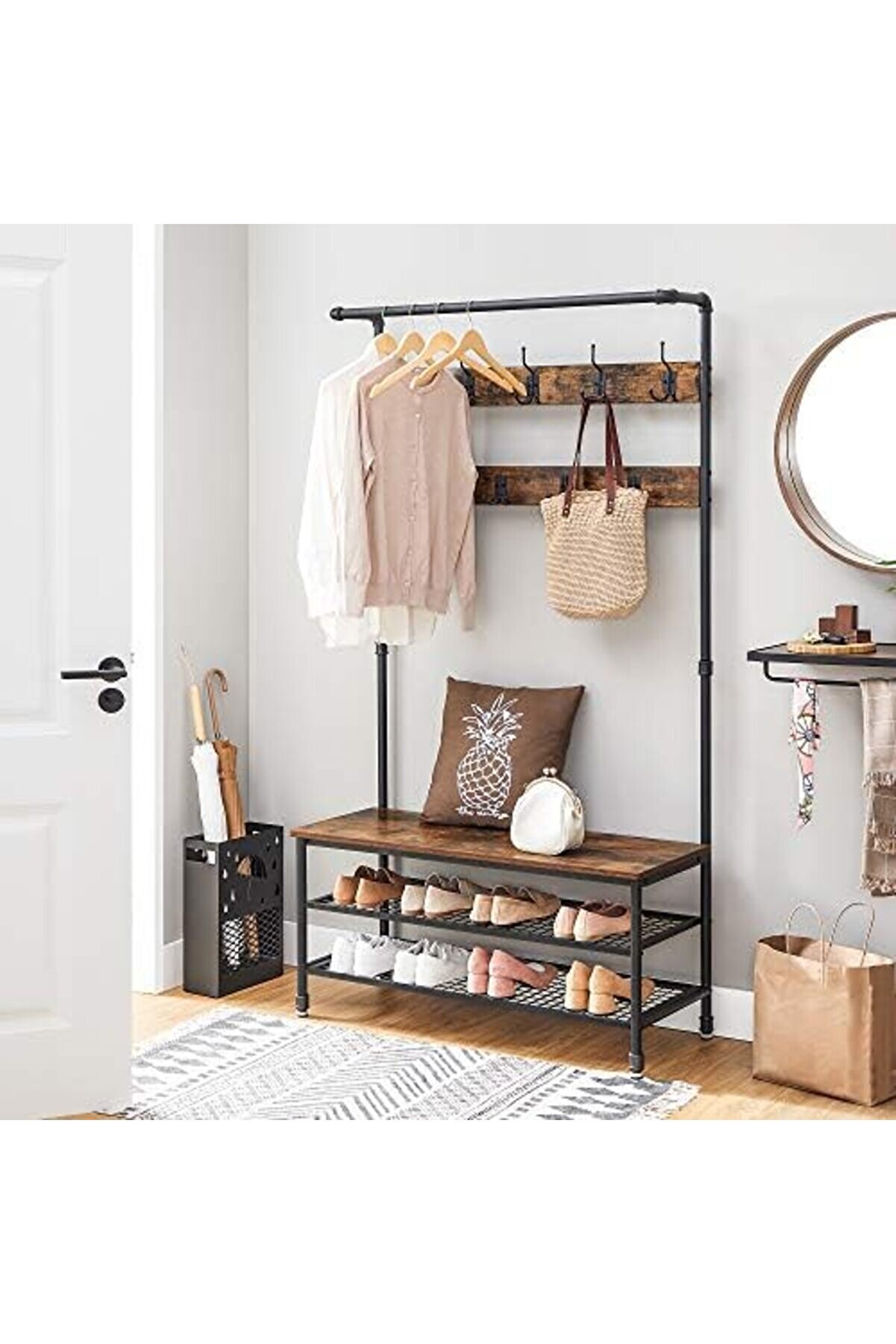 Shopverse End&uuml;stri̇yel Tasarım, Tezgahlı, Su Elemanlı B&uuml;y&uuml;k Askısı, 9 Kancalı Ve Ayakkabı Askılı, &Ccedil;ok