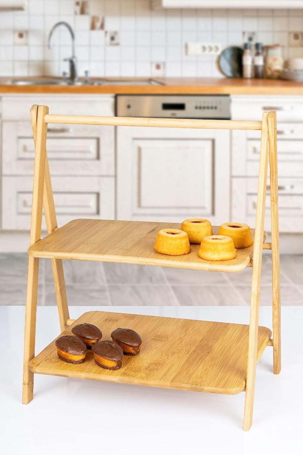 STOREMAX shopverse 2 Katlı Dikdörtgen Bambu Servis Sunum Seti Büyük Boy, Kuru Pasta, Kurabiye ve Kek Sunumlar