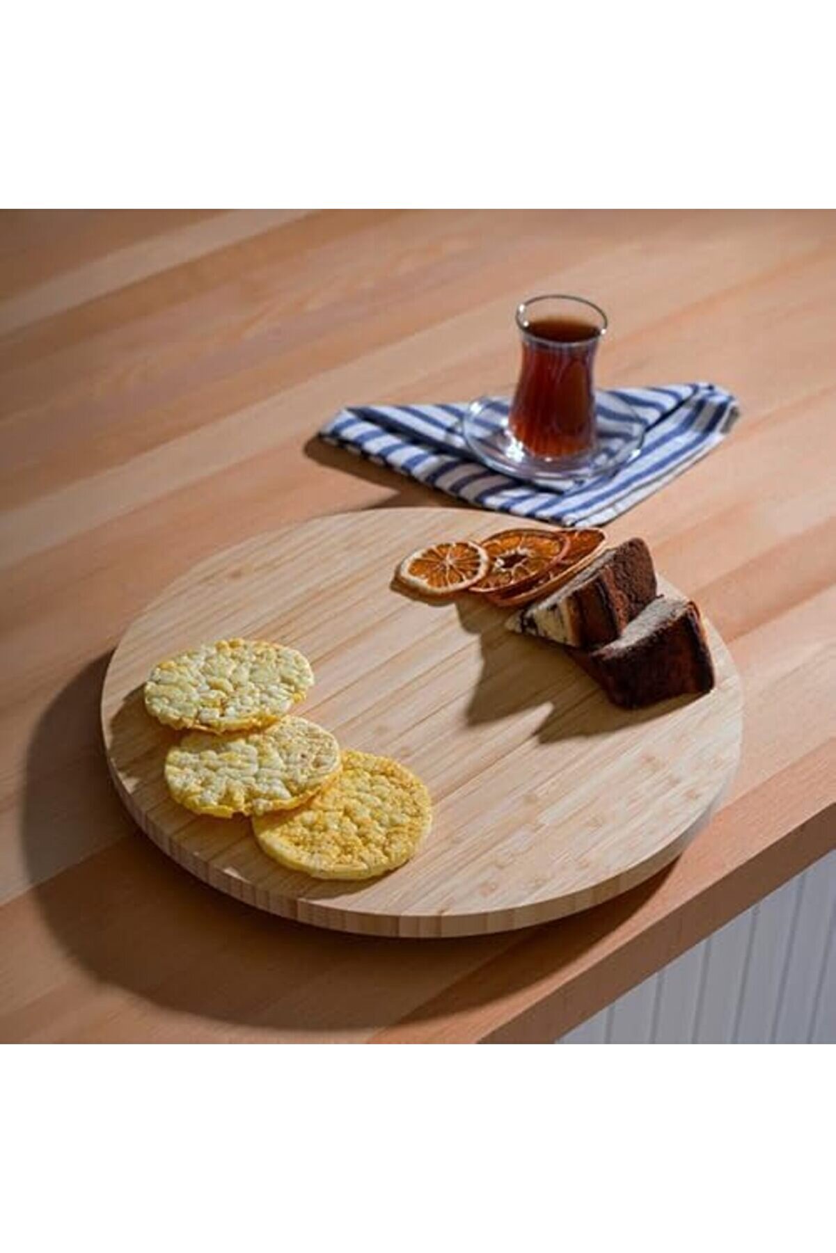 35Cm D&ouml;ner Mekani̇zmalı Kalın Bambu Yuvarlak Pi̇zza Ve Sunum Tepsi̇si̇, 360 Derece D&ouml;nebi̇len Kahvaltı Su