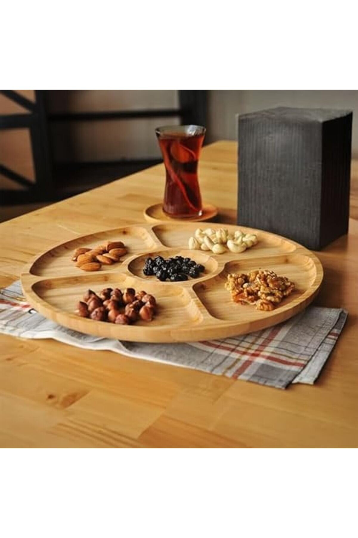 Shopverse 360° Dönebi̇len Bambu Kahvaltı, 30Cm Sunum Ve Çerezli̇k Tabağı 5 Bölmeli̇, Dönerli̇ Bambu Sunu