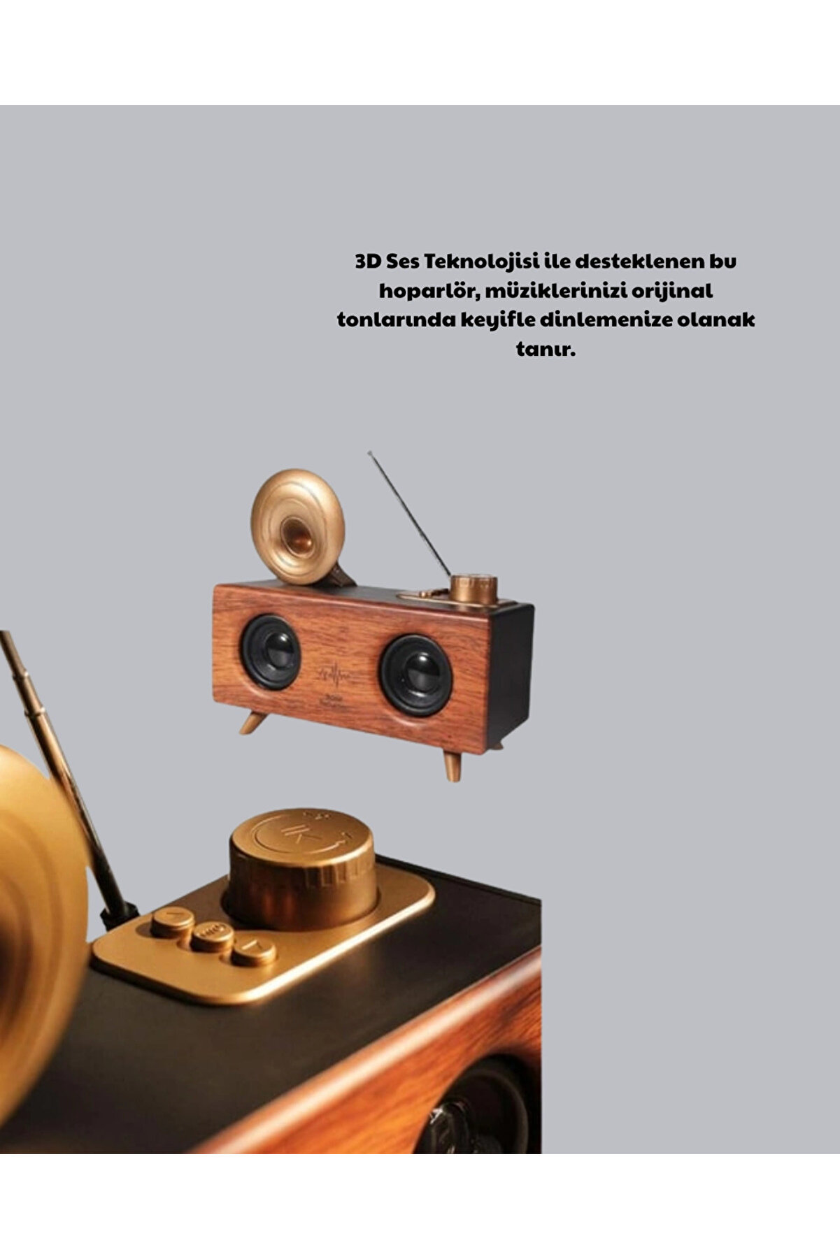 Retro Gramofon Tasarımlı Bluetooth Hoparlör – 3D Stereo Ses, 1800 Mah Batarya