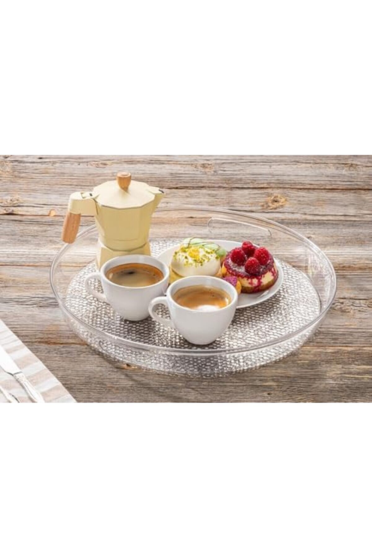 Shopverse Akri̇li̇k Kırılmaz Şeffaf Servi̇s Tepsi̇si̇ (Yuvarlak) 36X36X5Cm - Akri̇li̇k Kırılmaz Tepsi̇ Trend