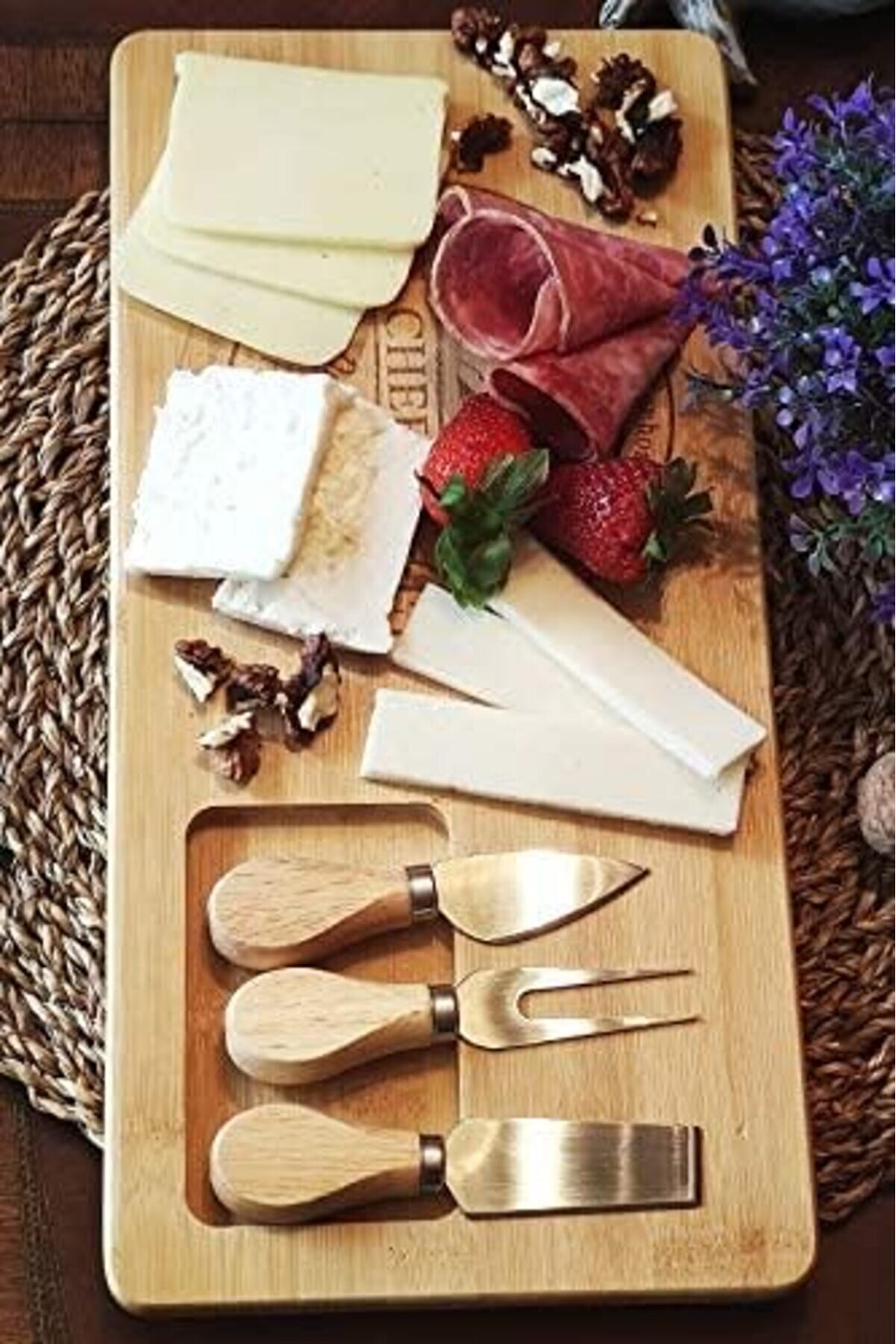 STOREMAX shopverse Bambu Peynir Sunum Tabağı - 4 Par&ccedil;a Meyve ve Yiyecek Tahta Sunum Seti | ve Şık Tasarım - L