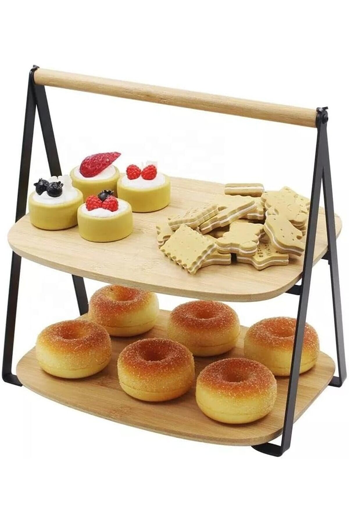 STOREMAX goldwhirl 2 Katlı Dikd&ouml;rtgen Bambu Servis Sunum Seti B&uuml;y&uuml;k Boy, Kuru Pasta, Kurabiye ve Kek Sunumlar