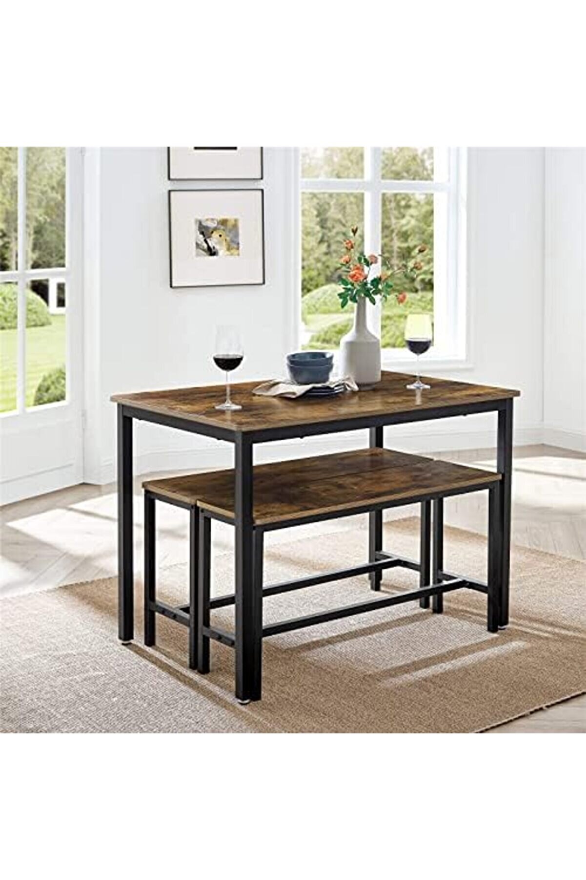 Shopverse Yemek Masası, 2 Banklı, 3 Lü Set, Mutfak Masası 70 X 110 X 75 Cm, Her Bi̇ri̇ 2 Bank 30