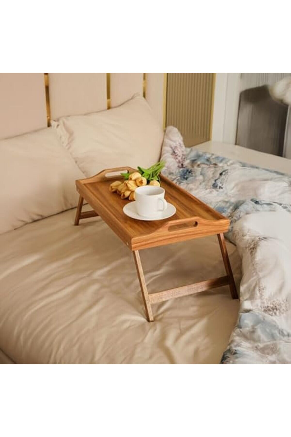 Shopverse Katlanır Ayaklı Akasya Ağacından Yatak Keyi̇f Servi̇s Tepsi̇si̇, Ahşap Yatak Tepsi̇si̇ - Rahatlı