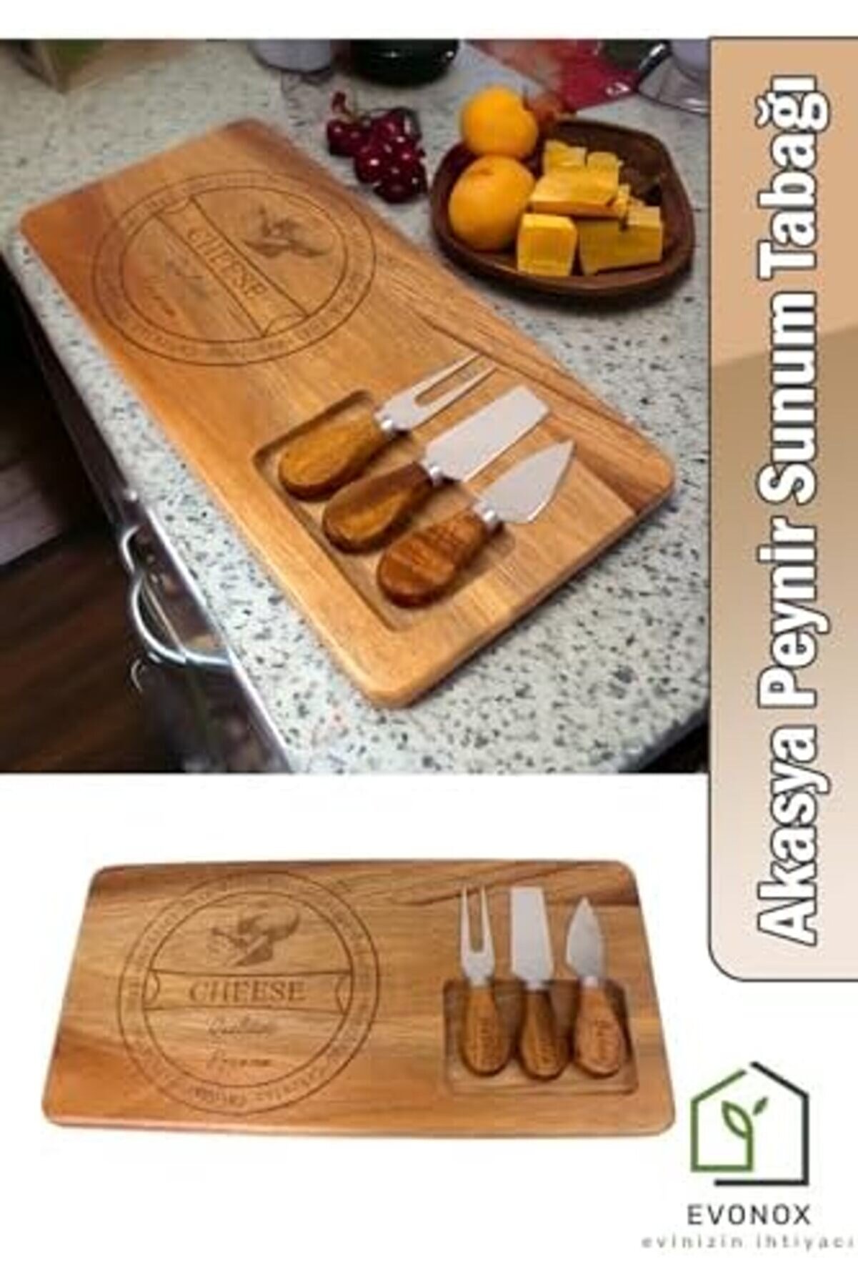 Goldwhi̇rl 4 Parça Akasya Ağacı Peyni̇r Sunum Tabağı Seti̇ - Ahşap Peyni̇r Sunum Tepsi̇si̇ - Şık Servi̇s Ta