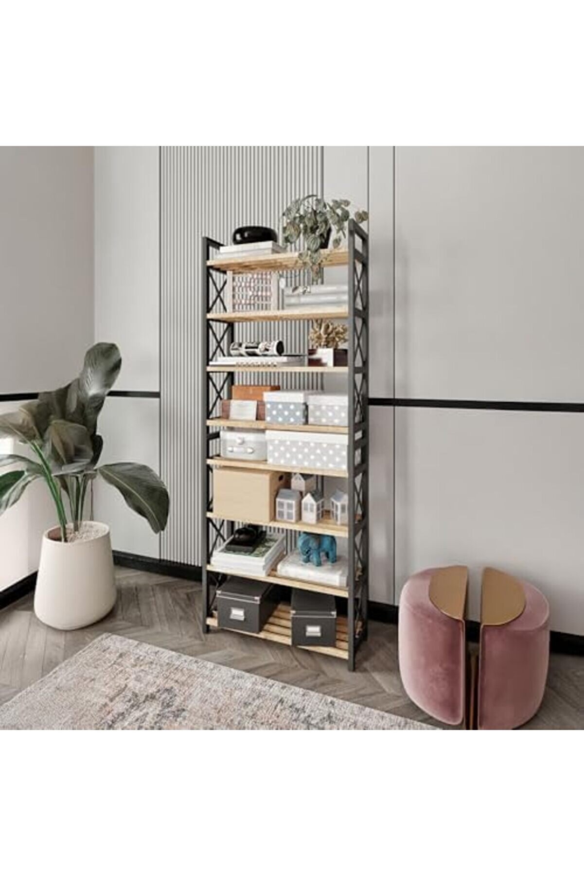 8 Katlı Çok Amaçlı Raf – 47X18X127 Cm, Mdf Ve Plasti̇k Malzeme, Kurulum Qr Kodlu, Modern Ve Dekorati̇f