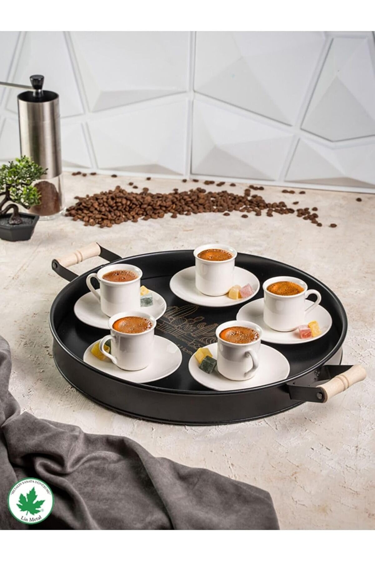 STOREMAX shopverse Metal 37Cm Ahşap Kulplu Siyah Metal Tepsi Yuvarlak &Ccedil;ay Tepsisi Sunum Tepsisi Tahta Kulplu