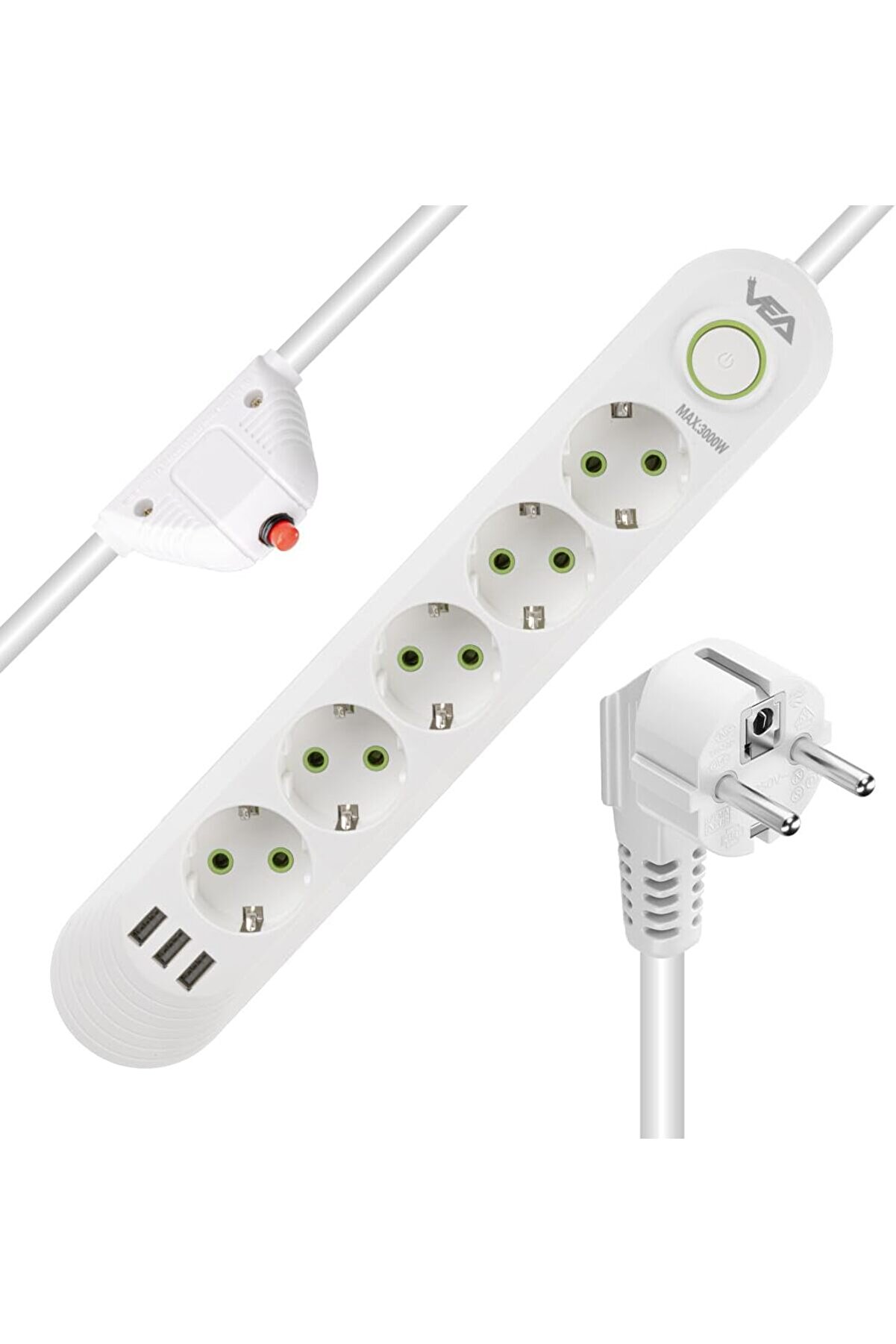 STOREMAX shopverse Korumalı Priz, 5'li Çoklu Priz, 3 Usb, 1.5 Mt Kablo, Anahtarlı Priz, Usb Li Priz, Day