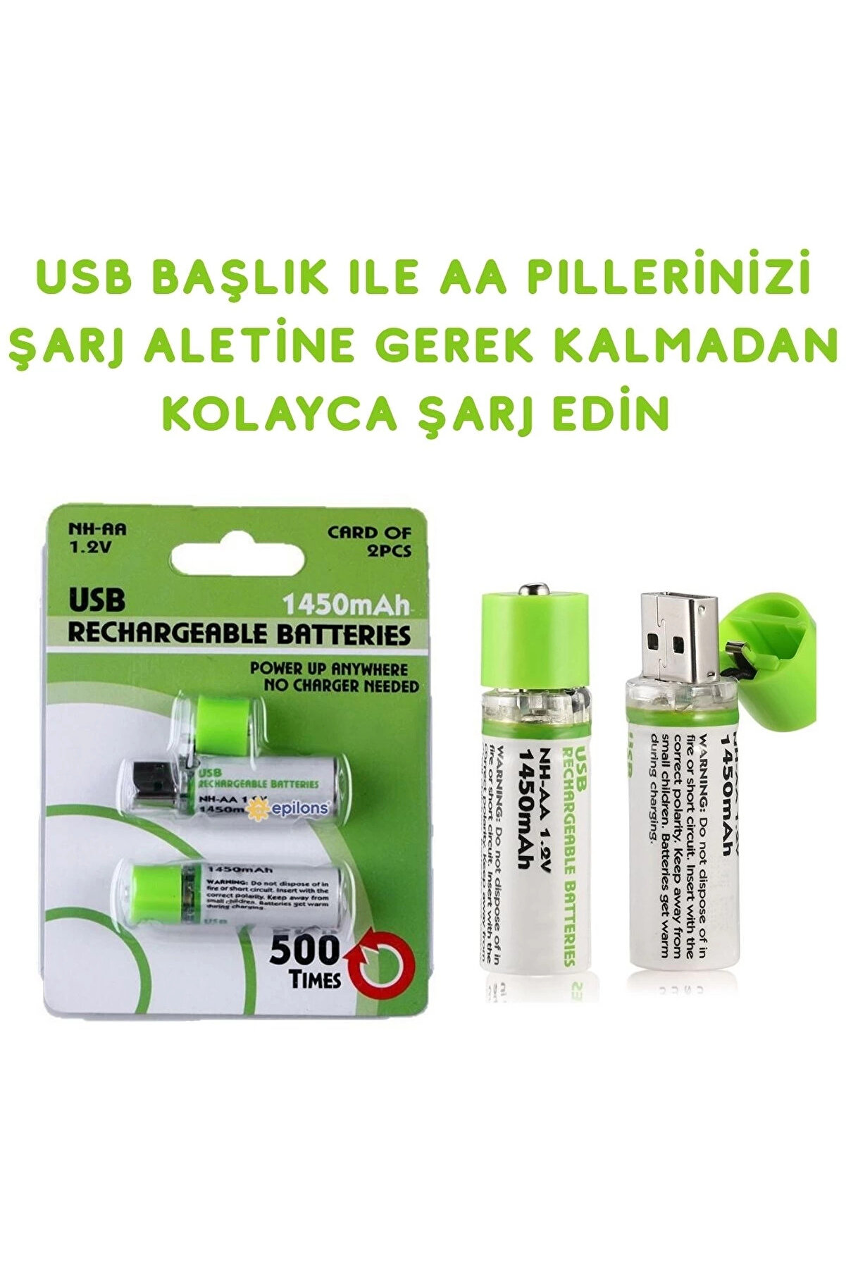 gizmurstore Usb Şarjlı 1450mah Aa 1.2v Lityum Kalem Pil 2’li Set Dönüşümlü Batarya