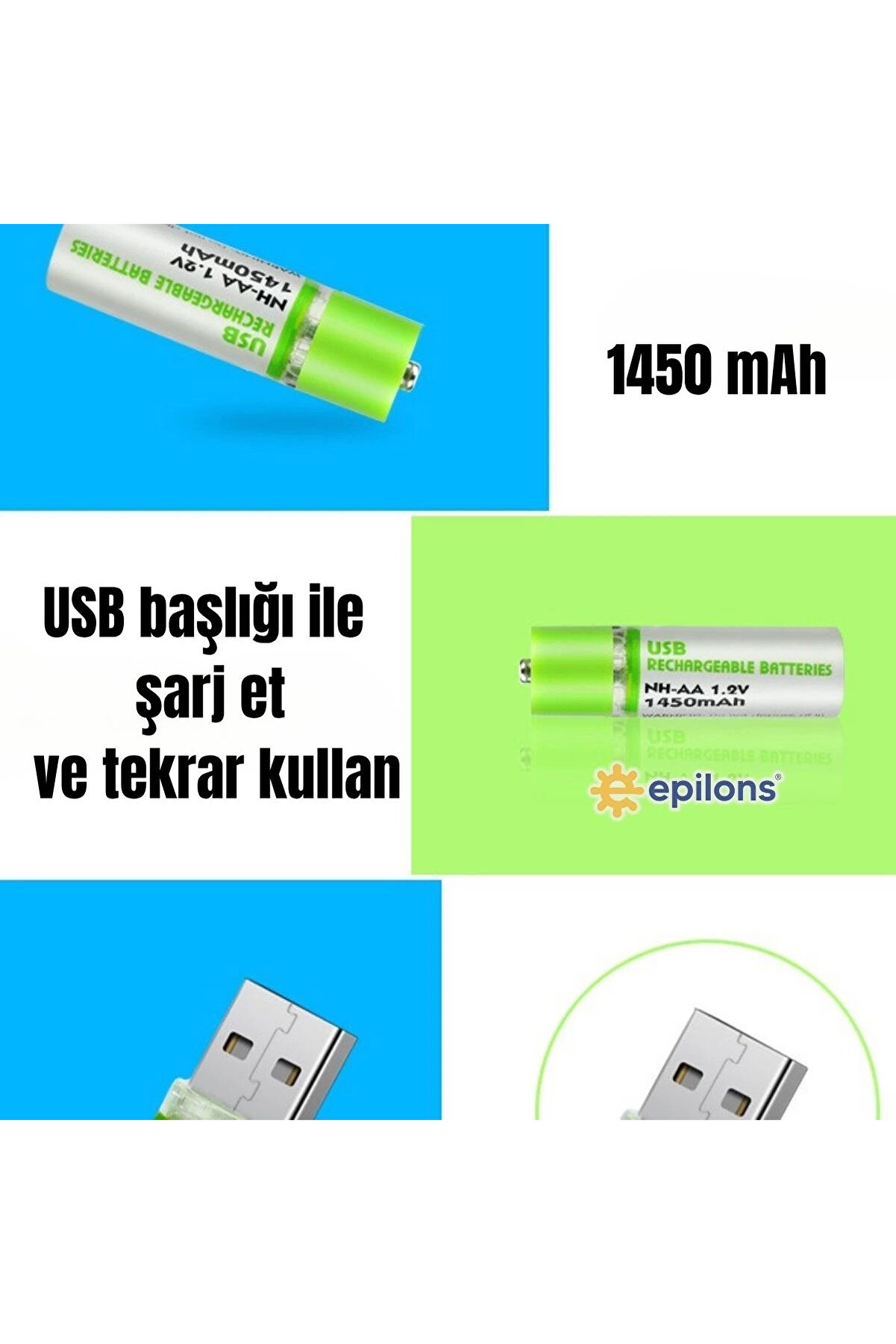 Usb Şarjlı 1450Mah Aa 1.2V Li̇tyum Kalem Pi̇l 2’Li̇ Set Dönüşümlü Batarya