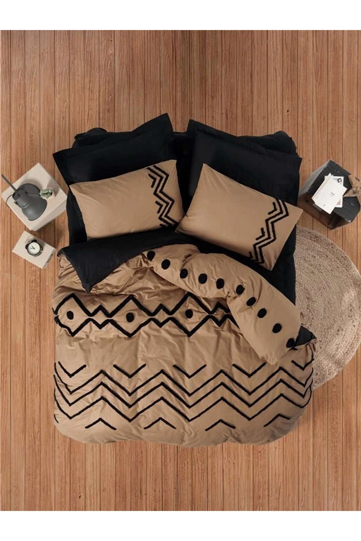 Cotton Box Puf Nakışlı Ranforce Çi̇ft Ki̇şi̇li̇k Nevresi̇m Takımı Eli̇o Bakır Si̇yah