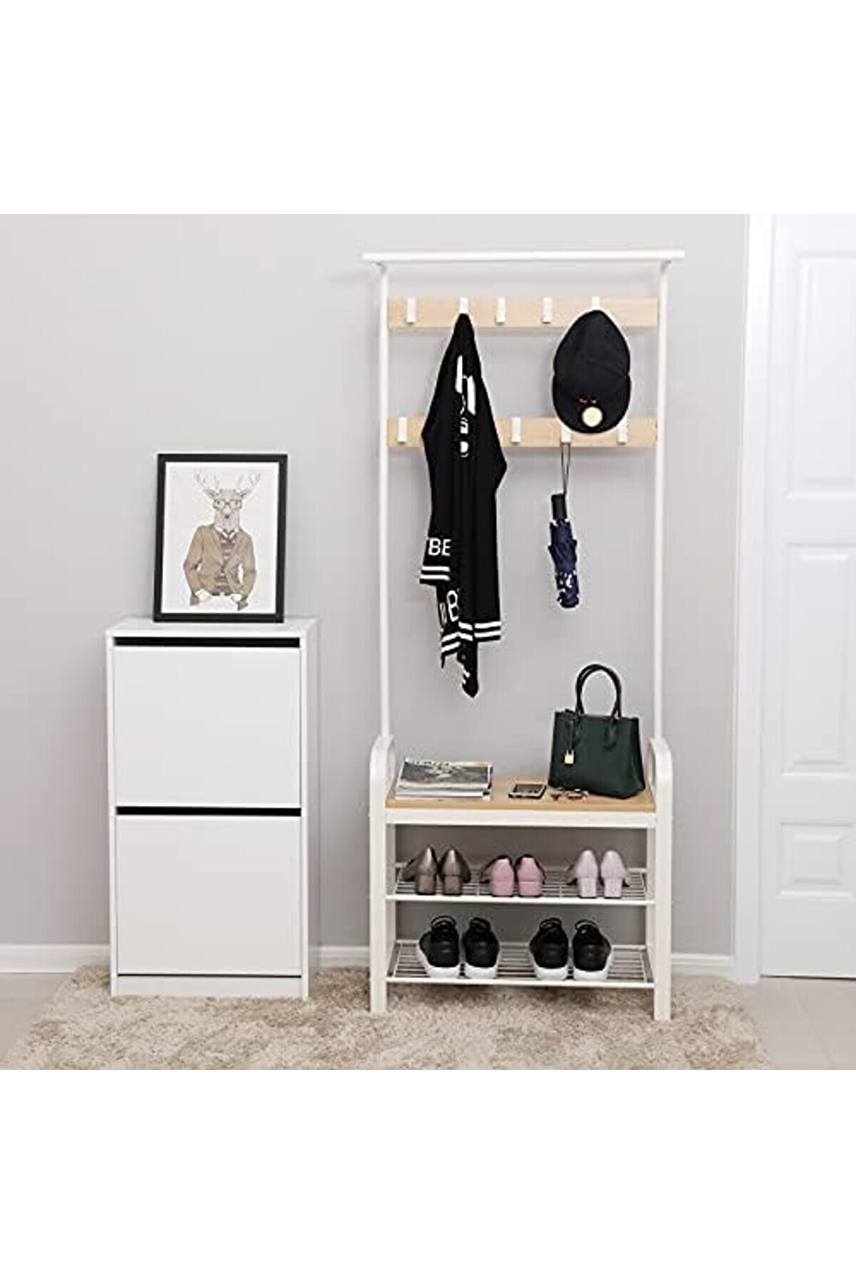 Shopverse ,, 9 Kancalı Askısı, Oturaklı Ayakkabı Askısı, 3 Raf, Yüksekli̇k 183 Cm, Metal, Krem Hsr4