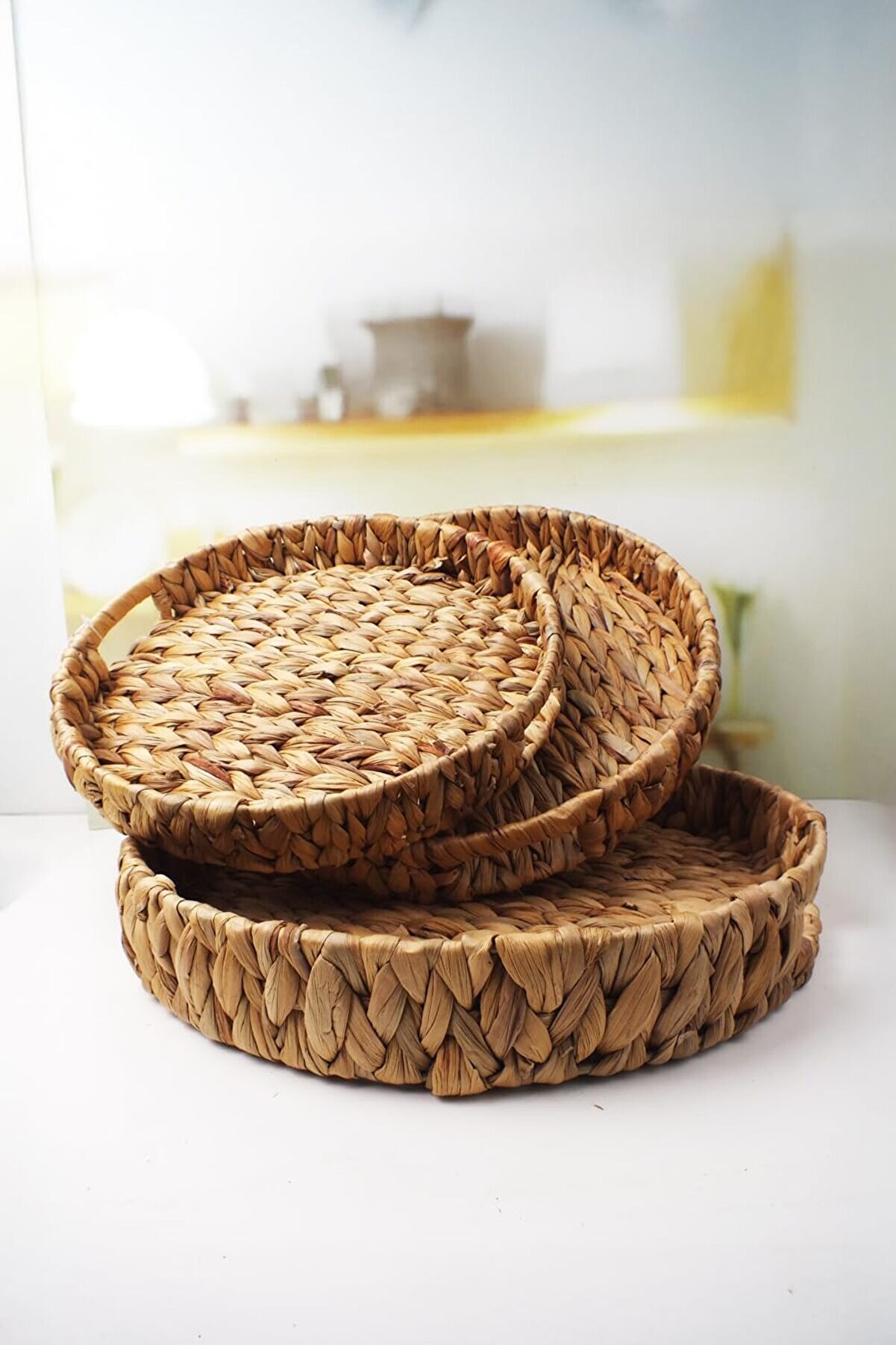 STOREMAX shopverse 3'l&uuml; El Yapımı ve Yuvarlak Hasır Tepsi Seti, 3'l&uuml; Hasır Yuvarlak Tepsi Seti, 3 B