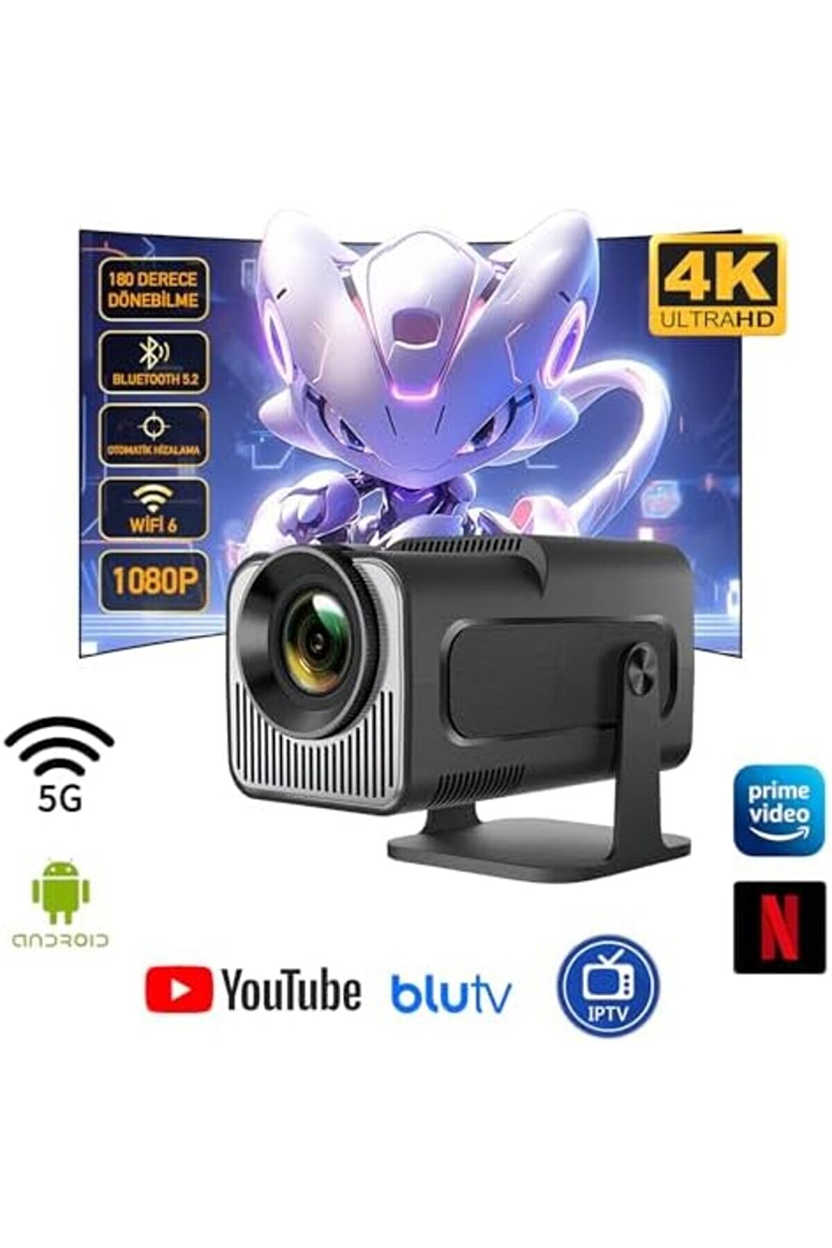 Shopverse Projektör | Tv Kurulu Full Hd Projeksi̇yon Projektör Wi̇-Fi̇ Ve Destekli̇ | Si̇nema Keyfi̇ | Taş
