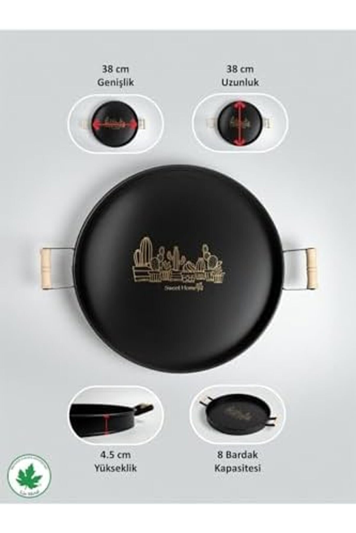 Shopverse Metal 37Cm Ahşap Kulplu Si̇yah Metal Tepsi̇ Yuvarlak &Ccedil;ay Tepsi̇si̇ Sunum Tepsi̇si̇ Tahta Kulplu