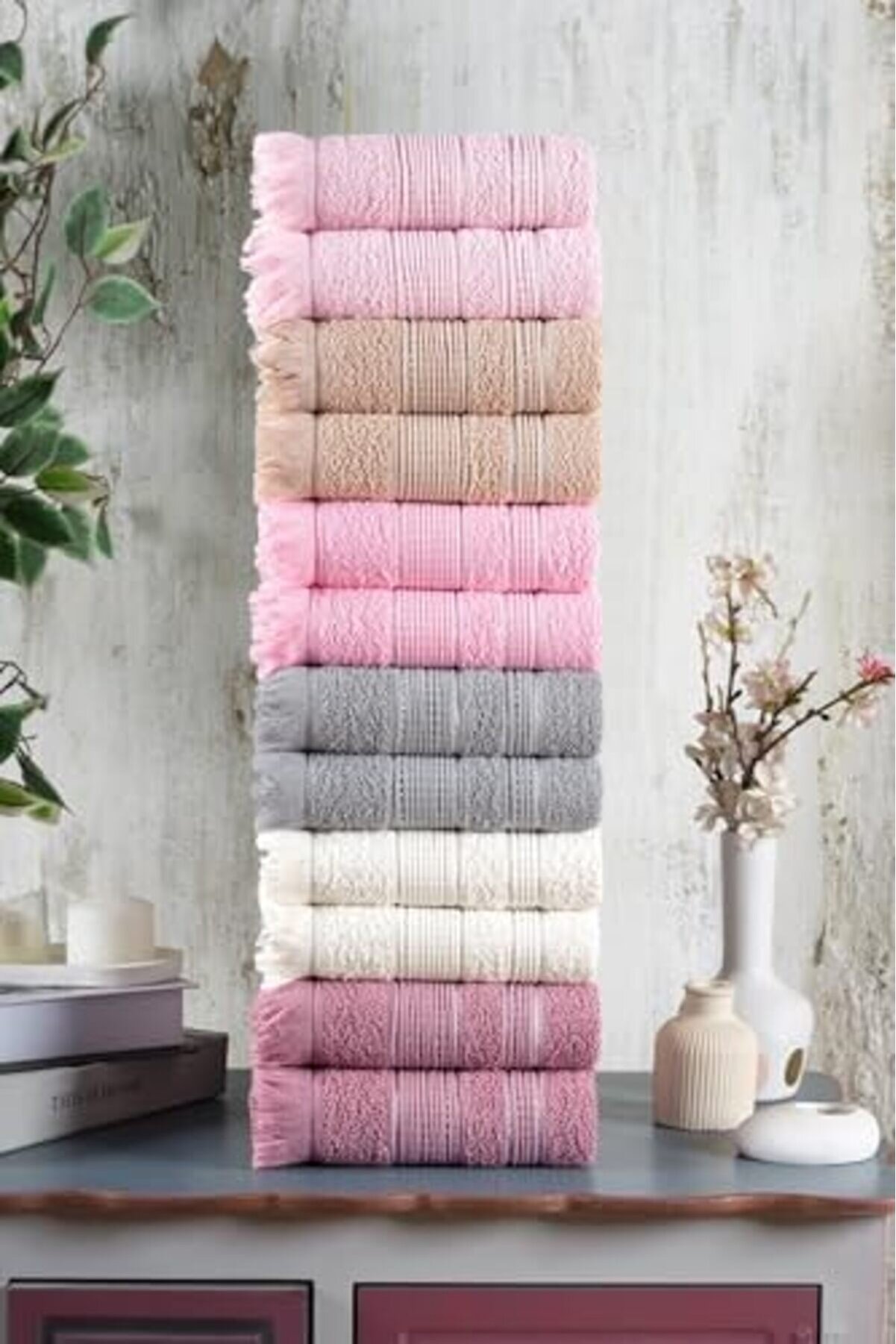 Shopverse Teksti̇l Shi̇ny 12 Li̇ 50X90 Cm El&Yüz Havlu Seti̇ Pembe Trendfli̇ck 1014773