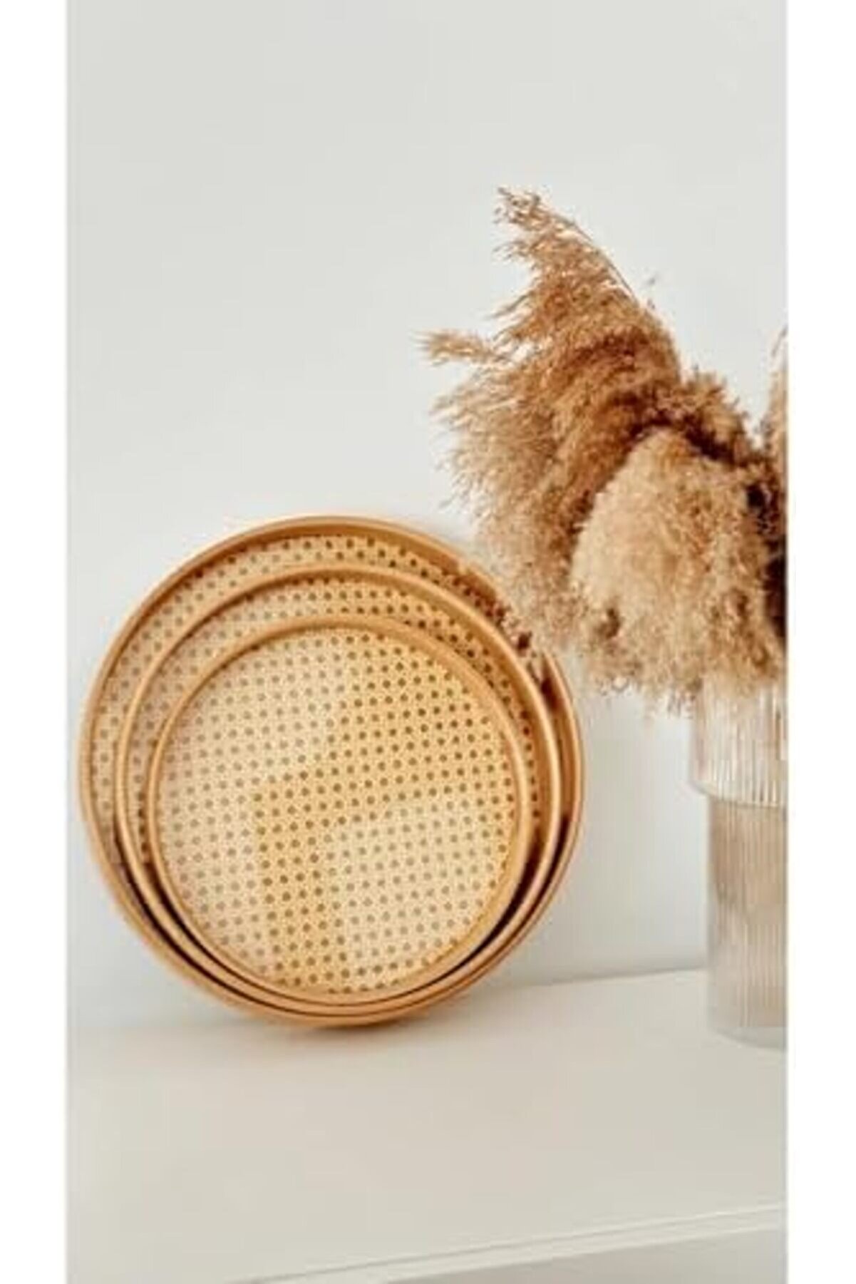 Bambu 3 Lü Yuvarlak Servi̇s Tepsi̇si̇ Seti̇ – 30-35-40 Cm Hasır Örgü Desenli̇ Bambu Tepsi̇, Çay Kahve