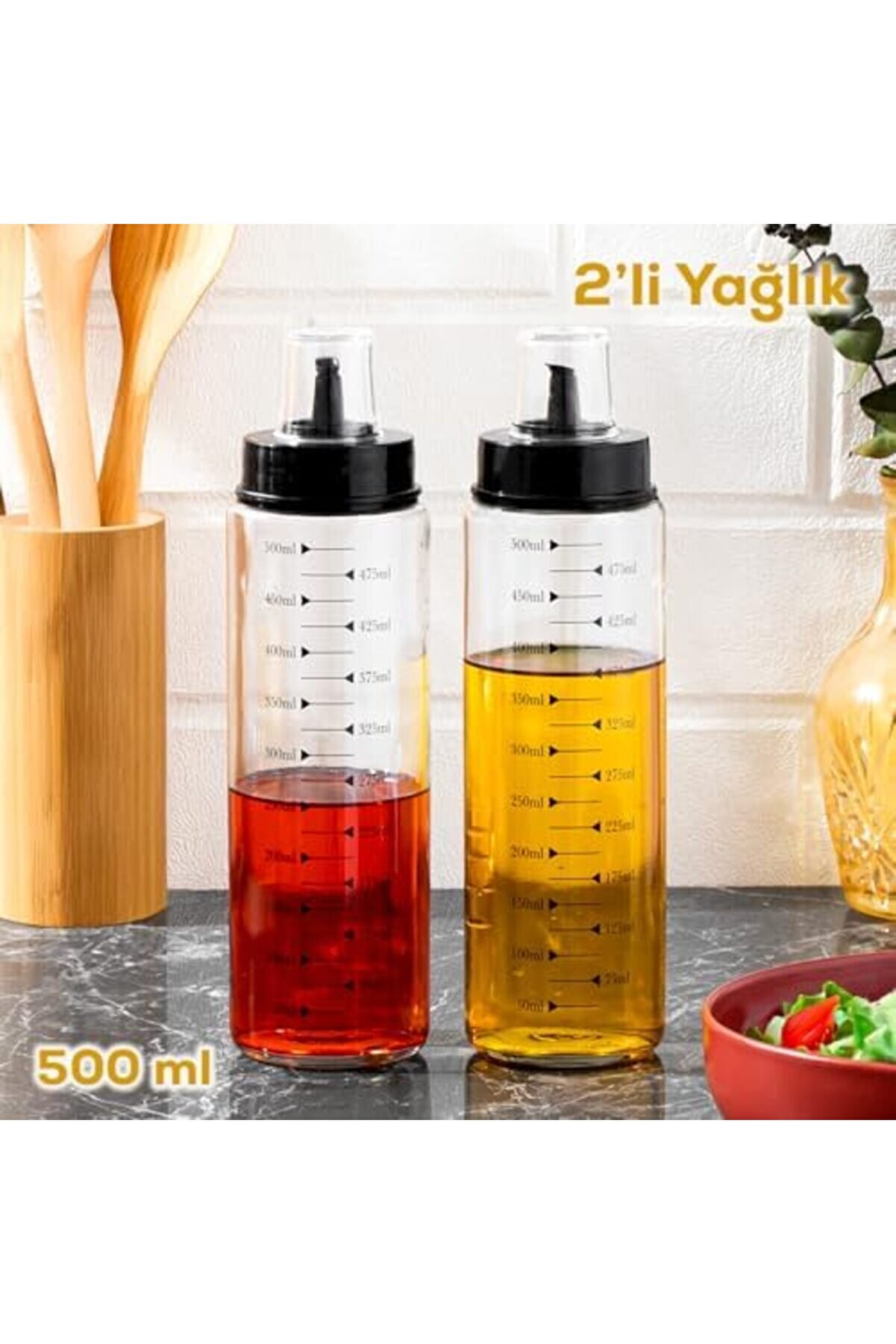 4328 2Li̇ Kapaklı Ölçekli̇ Cam Yağlık Si̇rkeli̇k Yağdanlık 500Ml 1014773