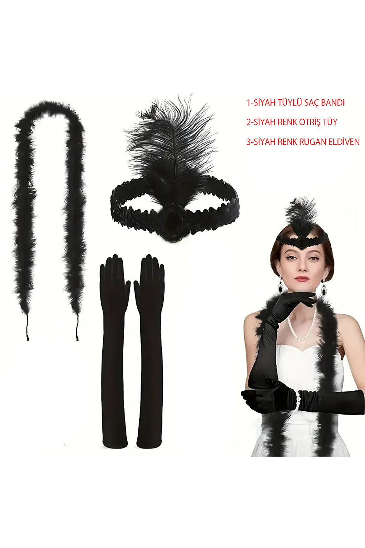 Ethab Ti̇caret 1920&rsquo;Ler Tarzı Si̇yah T&uuml;yl&uuml; Sa&ccedil; Bandı, Rugan Si̇yah Eldi̇ven Ve Si̇yah Otri̇ş Seti̇
