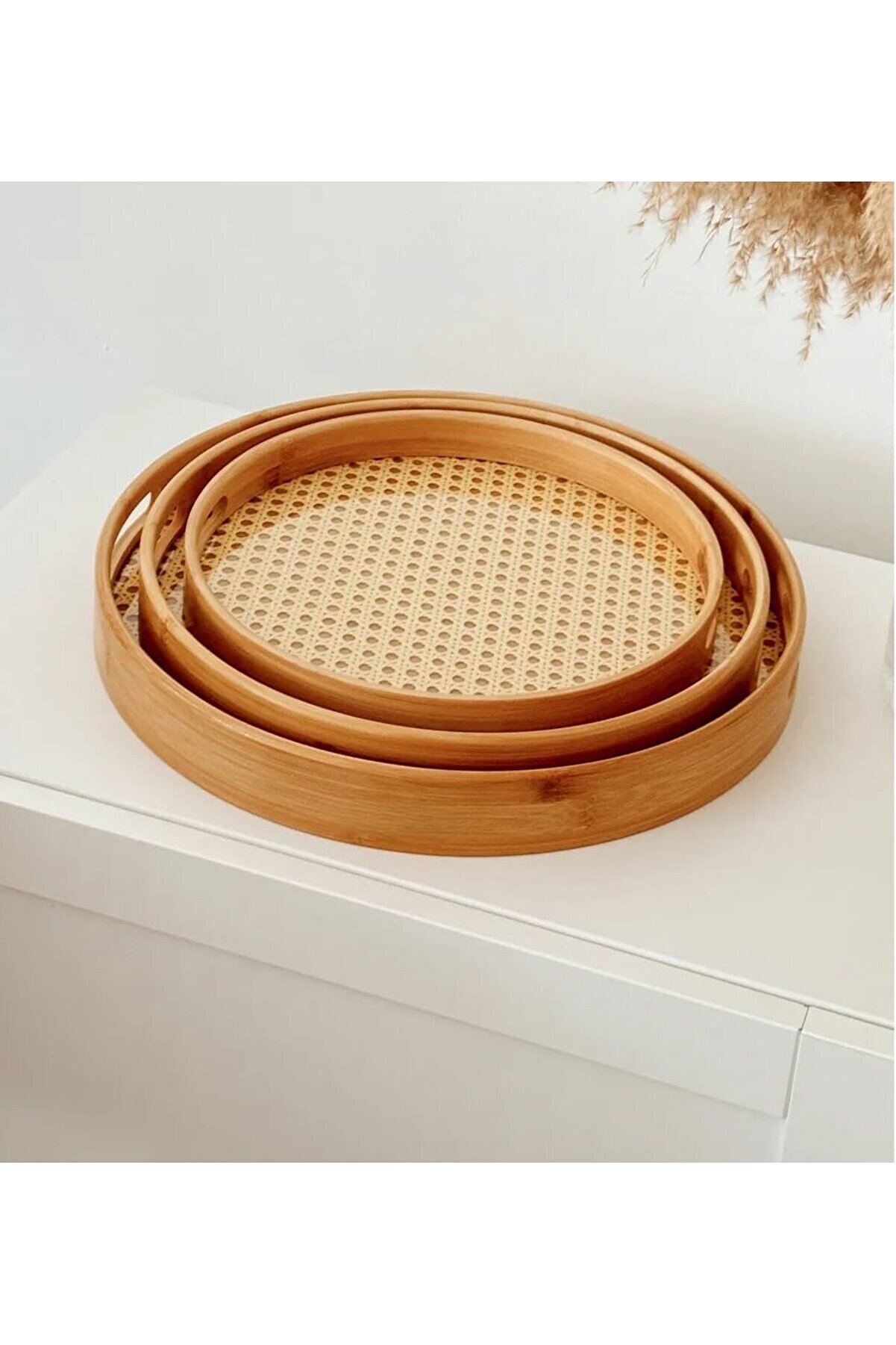 STOREMAX Bambu 3'lü Yuvarlak Servis Tepsisi Seti – 30-35-40 cm Hasır Örgü Desenli Bambu Tepsi, Çay Kahve