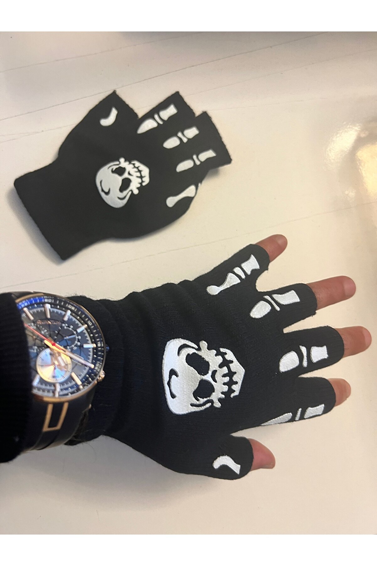 Ai̇rbrush Tattoo İskelet Kuru Kafa Parmaksız Kesi̇k Yarım Parmak Eldi̇ven Model5