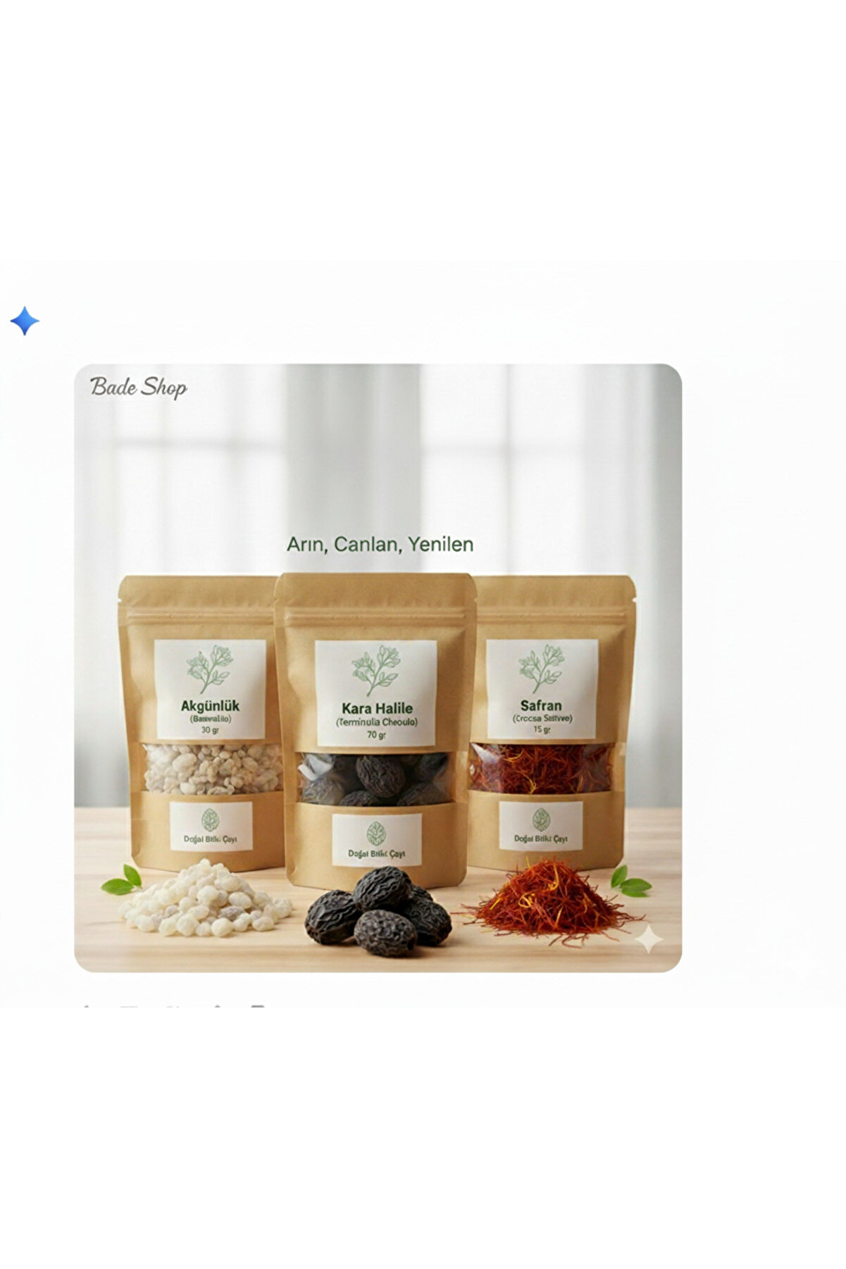 Bade Shop Akgünlük 30g + Kara Halile 70g + Safran 15g – Doğal Bitki Çayı ve Detoks Seti