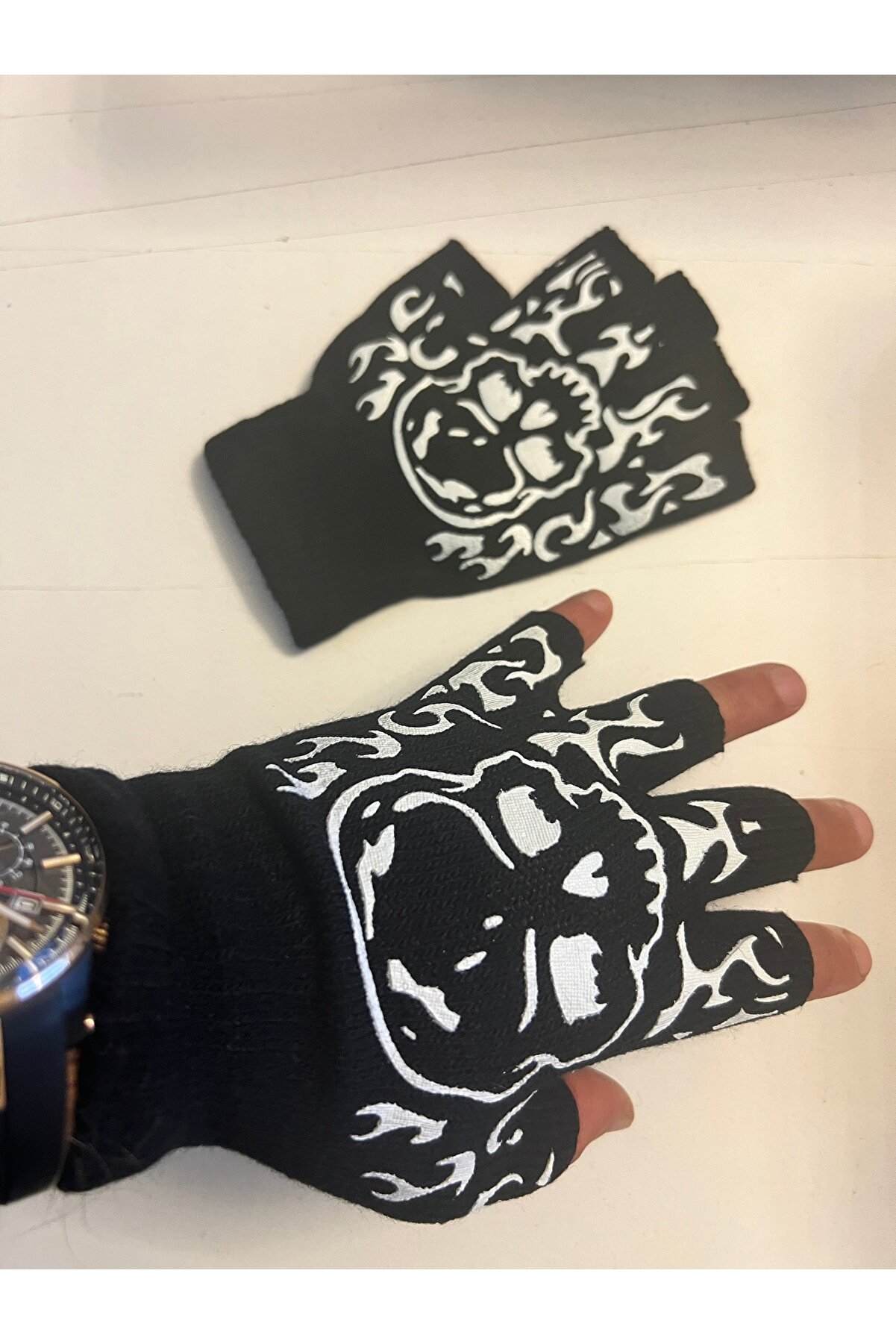 Ai̇rbrush Tattoo İskelet Kuru Kafa Parmaksız Kesi̇k Yarım Parmak Eldi̇ven Model3