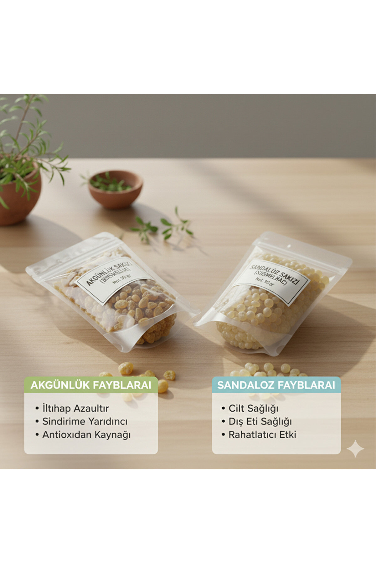 Doğal Sandaloz & Ak Günlük Sakızı 2X50 Gr | Bi̇tki̇sel Reçi̇ne | Toplam 100 Gr Set