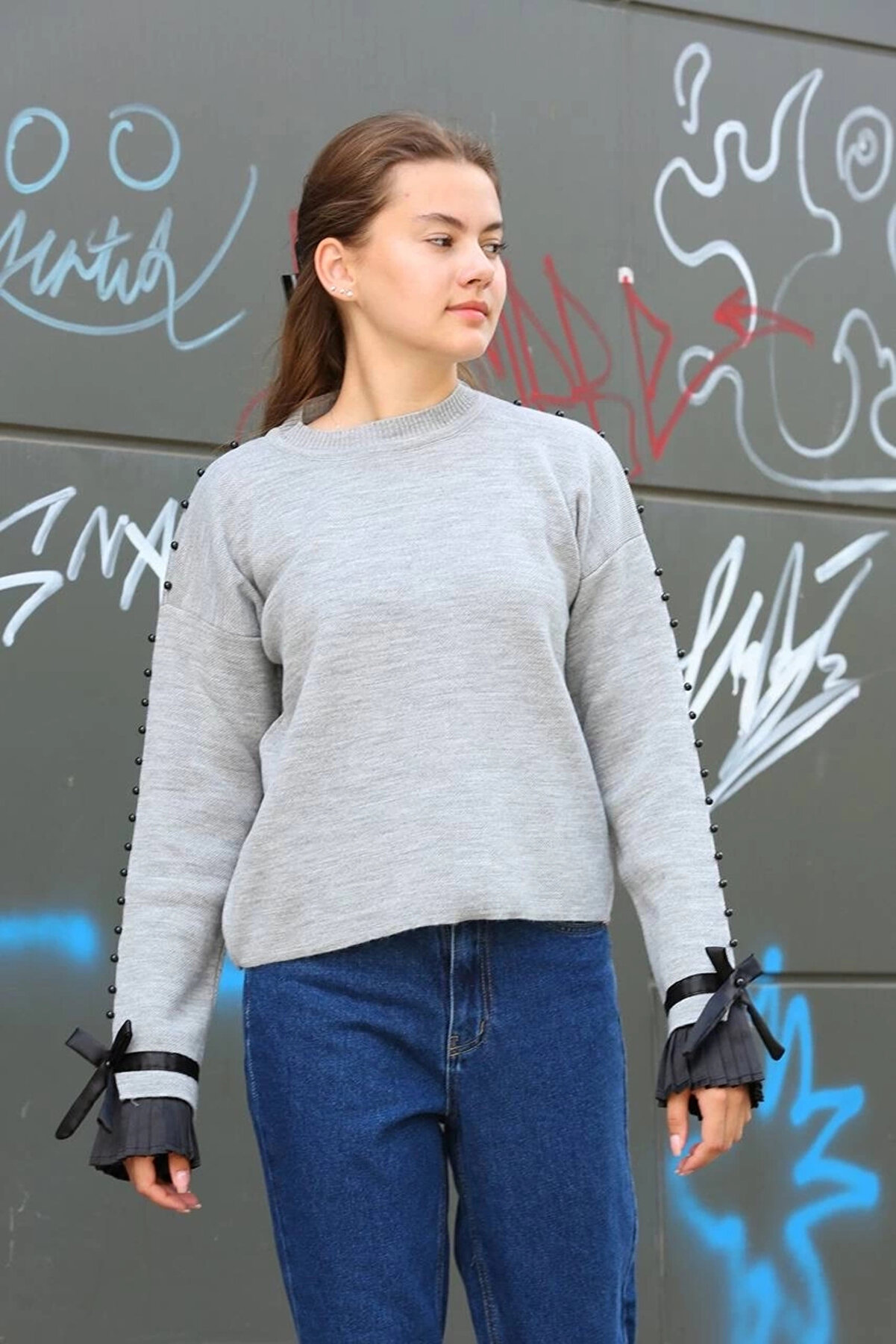 Nuvıraa Mtxdpn Boncuklu Bi̇le Detaylı Kazak Gri̇ (154009) (Beden Standart)