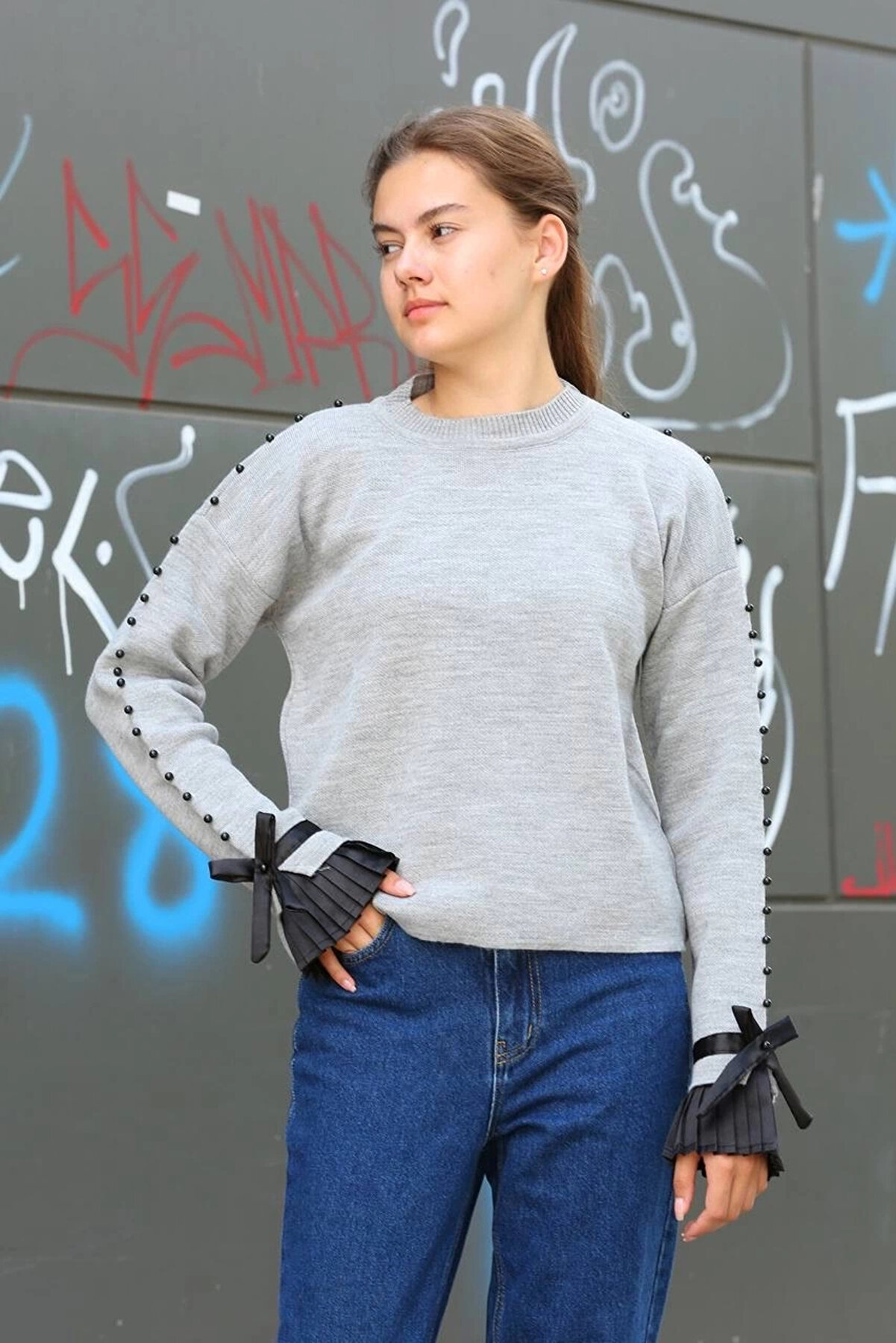 Nuvıraa Mtxdpn Boncuklu Bi̇le Detaylı Kazak Gri̇ (154009) (Beden Standart)