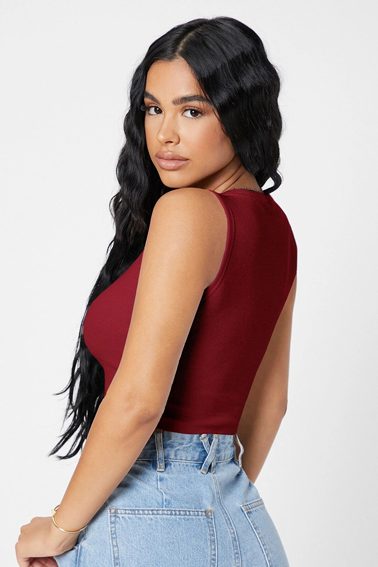 Yılter Kadın Bordo Kare Yaka Crop Top Bluz