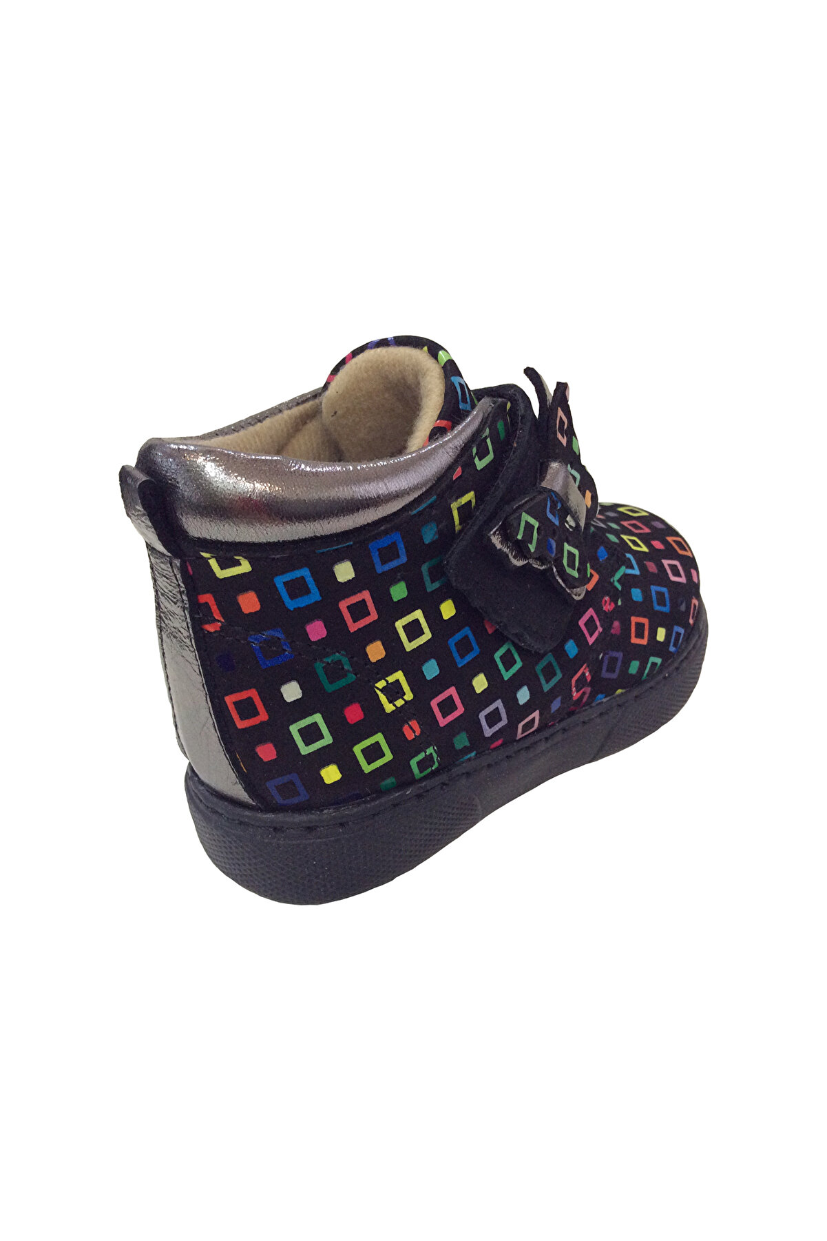 Ortopedi̇kal1001 Ri̇dente Si̇yah Plati̇n Baskı Bebe Kız &Ccedil;ocuk Bot % 100 Deri̇ Kalın Tek Cırtlı