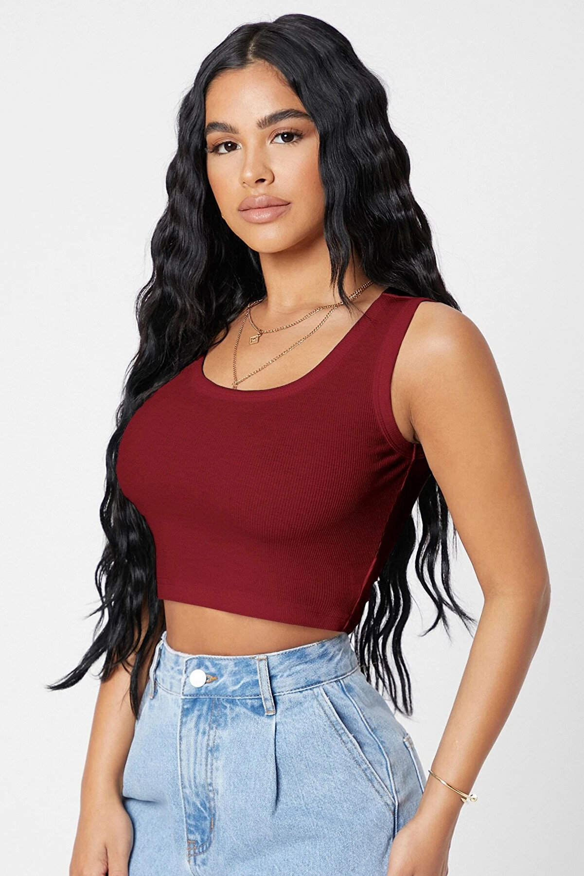 Yılter Kadın Bordo Kare Yaka Crop Top Bluz