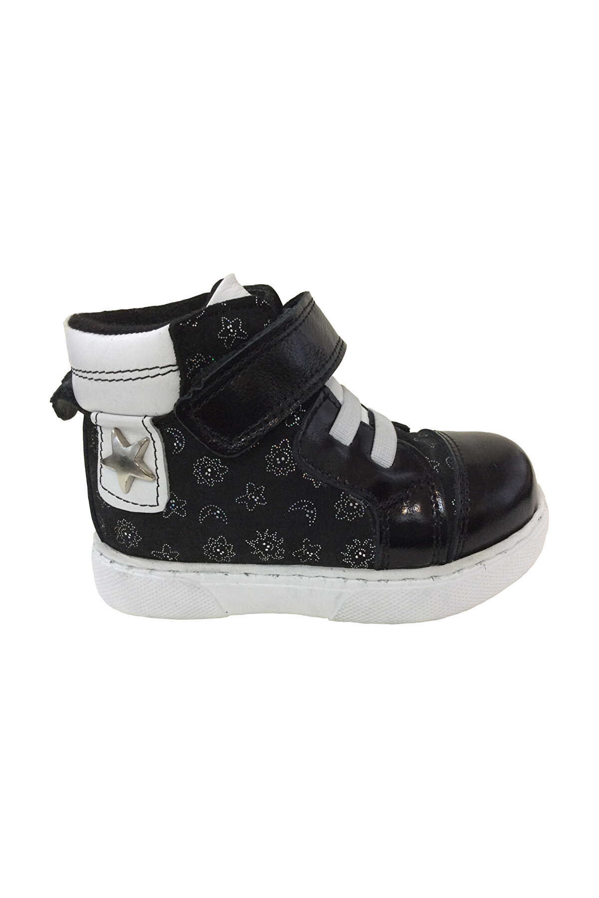 Ortopedi̇kal Ri̇dente Si̇yah Baskılı Bebe Kız &Ccedil;ocuk Bot % 100 Deri̇ Lasti̇k Ve Cırtlı